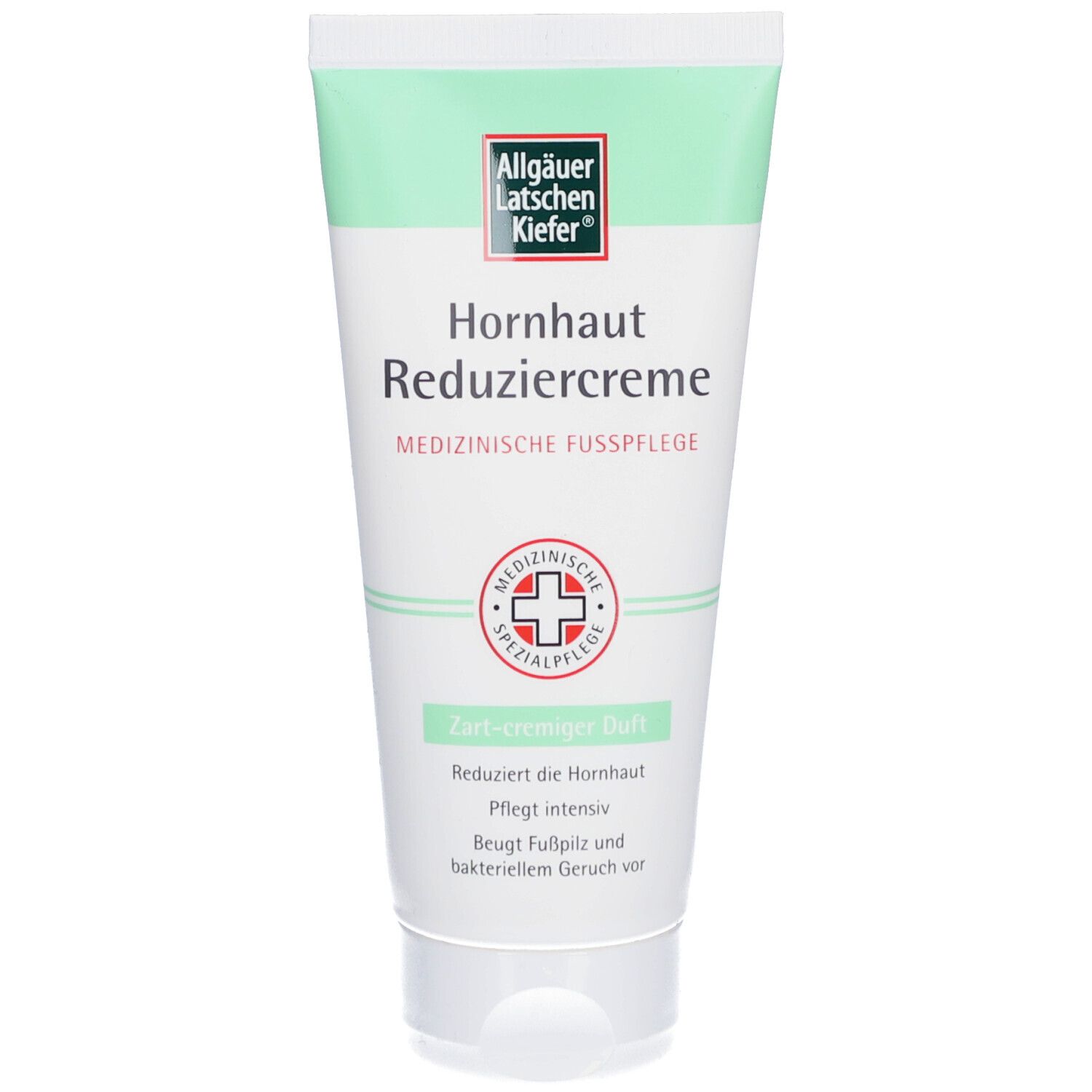 Creme-Tube mit Produktnamen und Logo. Medizinische Fußpflege. Grün-weiße Farbgebung. Medizin-Siegel.