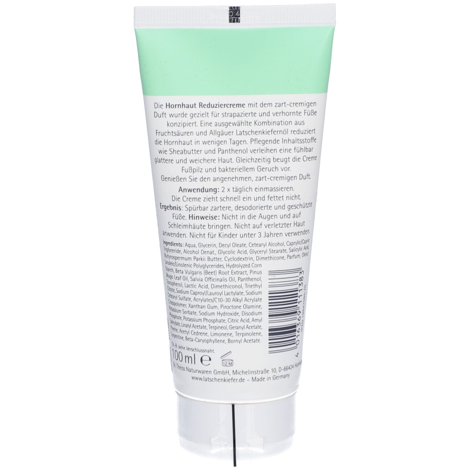 Rückseite der Creme-Tube. Textinformationen, Inhaltsstoffe und Herstellerangaben. Weiße Tube.