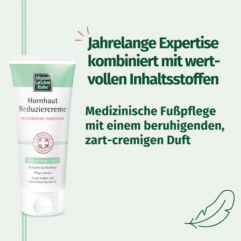 Tube Hornhaut Reduziercreme. Text: Medizinische Fußpflege mit beruhigendem, zart-cremigen Duft. Logo: Allgäuer Latschenkiefer.