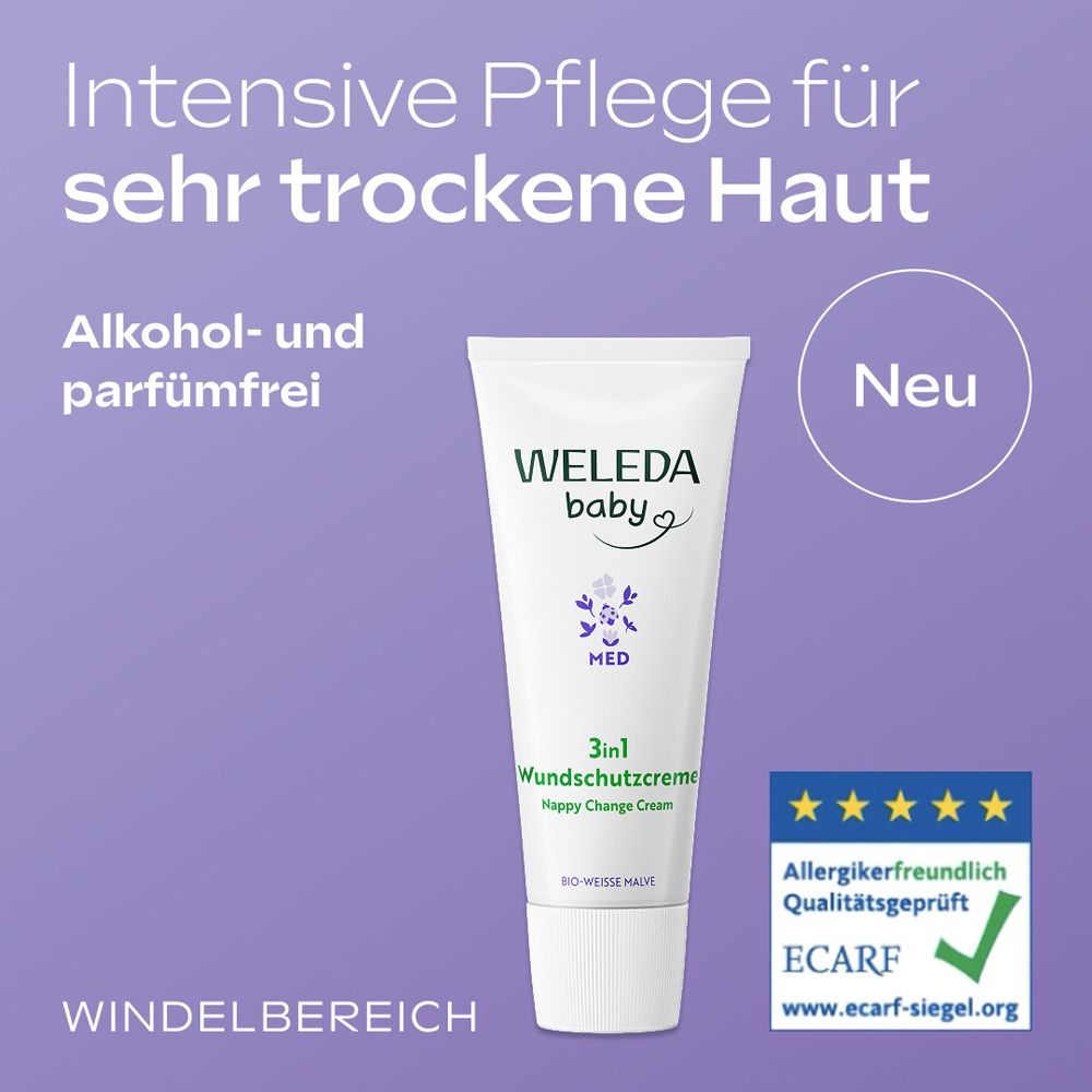 Weleda Baby Med 3in1 Wundschutzcreme Tube, Text: Intensive Pflege für sehr trockene Haut. Alkohol- und parfümfrei.