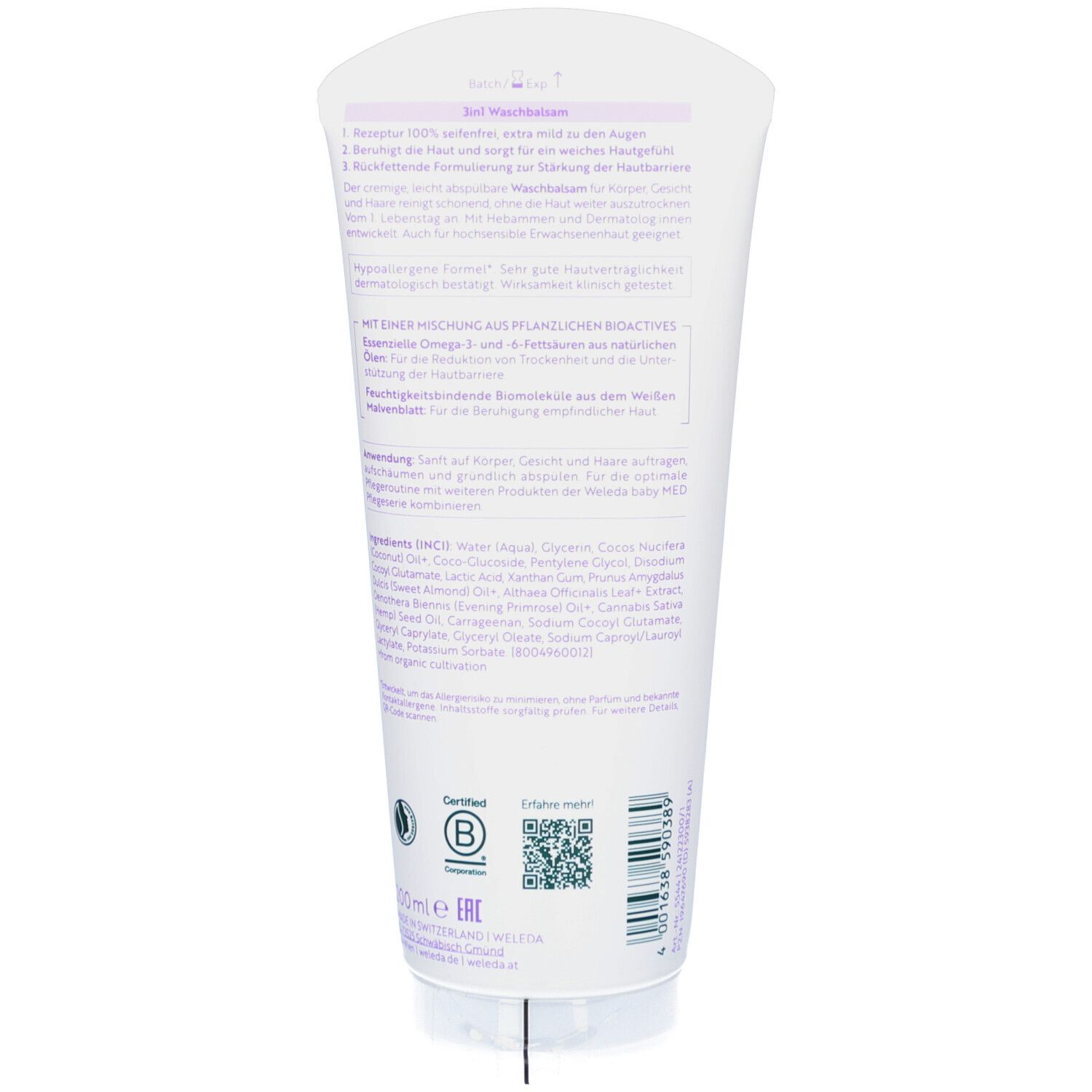 Rückseite der Weleda Baby 3in1 Waschbalsam Tube. Text, Inhaltsstoffe und Zertifizierungen.