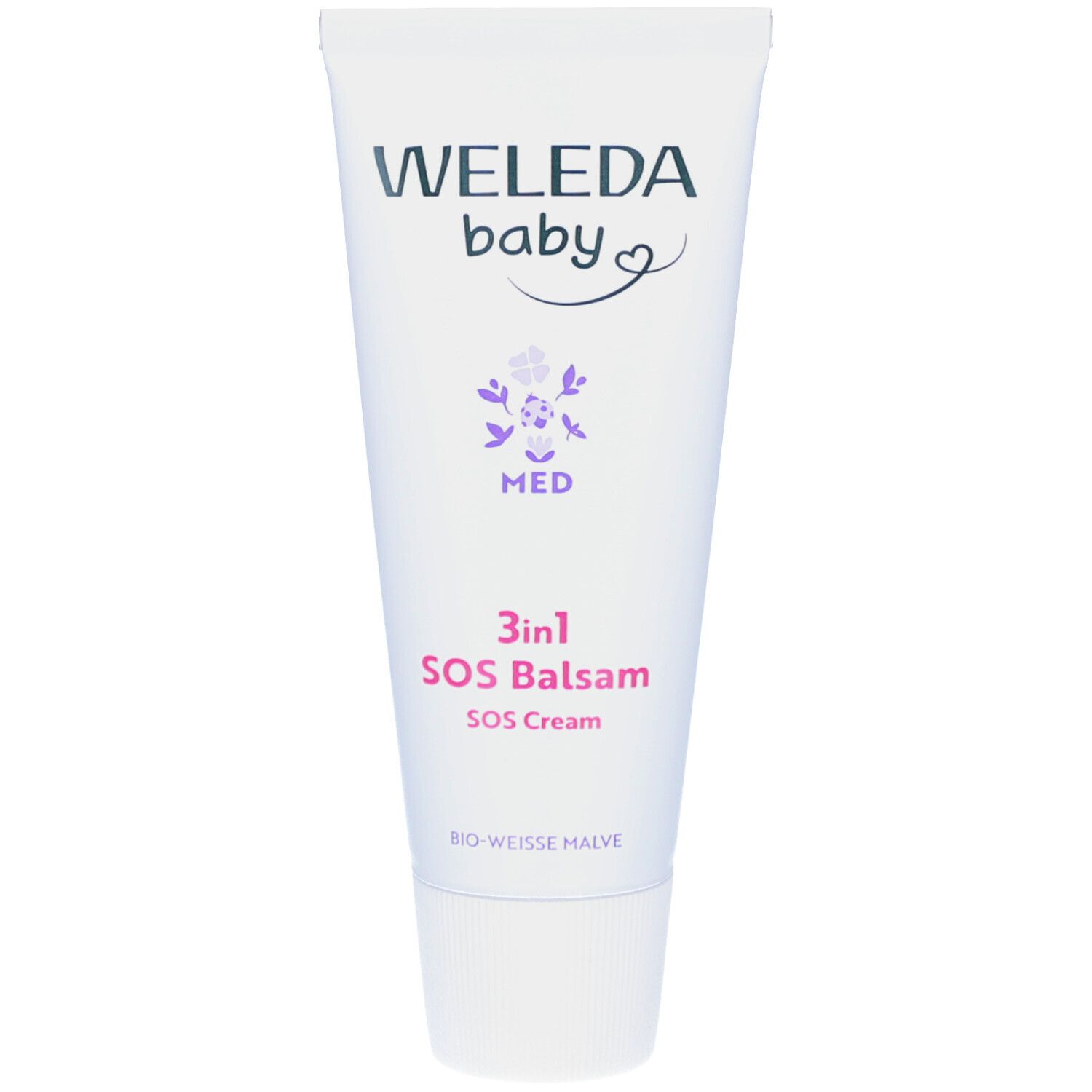Weiße Tube mit Produktnamen und Logo. Text: 3in1 SOS Balsam, SOS Cream, Bio-Weiße Malve. Marke: WELEDA baby.
