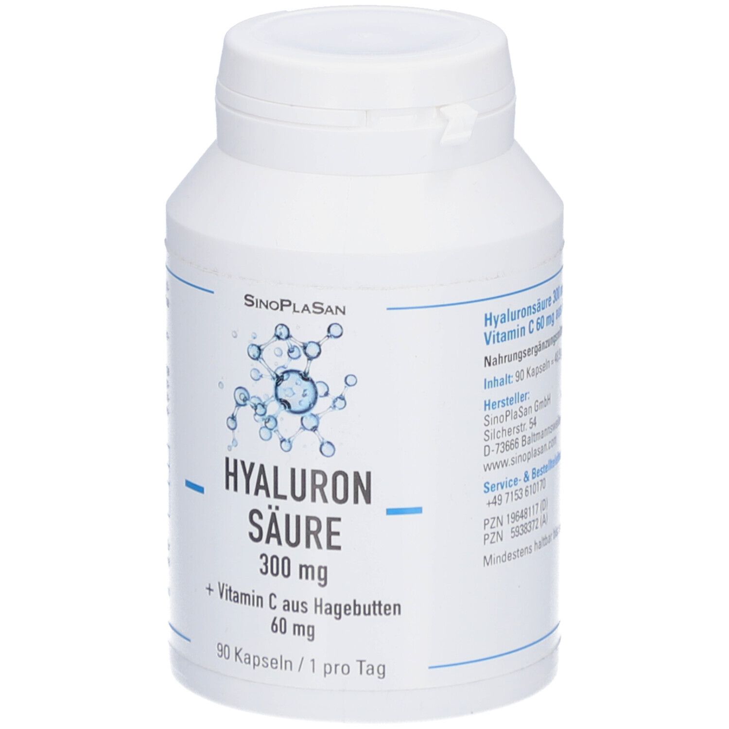 Weiße Flasche mit Kapseln. Aufschrift: Hyaluronsäure 300 mg + Vitamin C aus Hagebutten. 90 Kapseln.