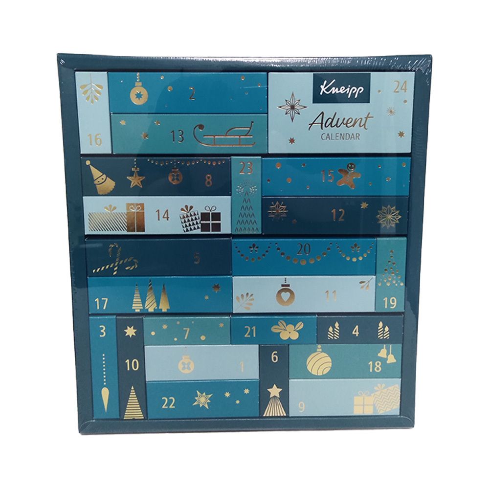 Adventskalender mit 24 Türchen. Türkis-blaue Box mit goldenen Verzierungen und Zahlen. Kneipp-Logo oben rechts.