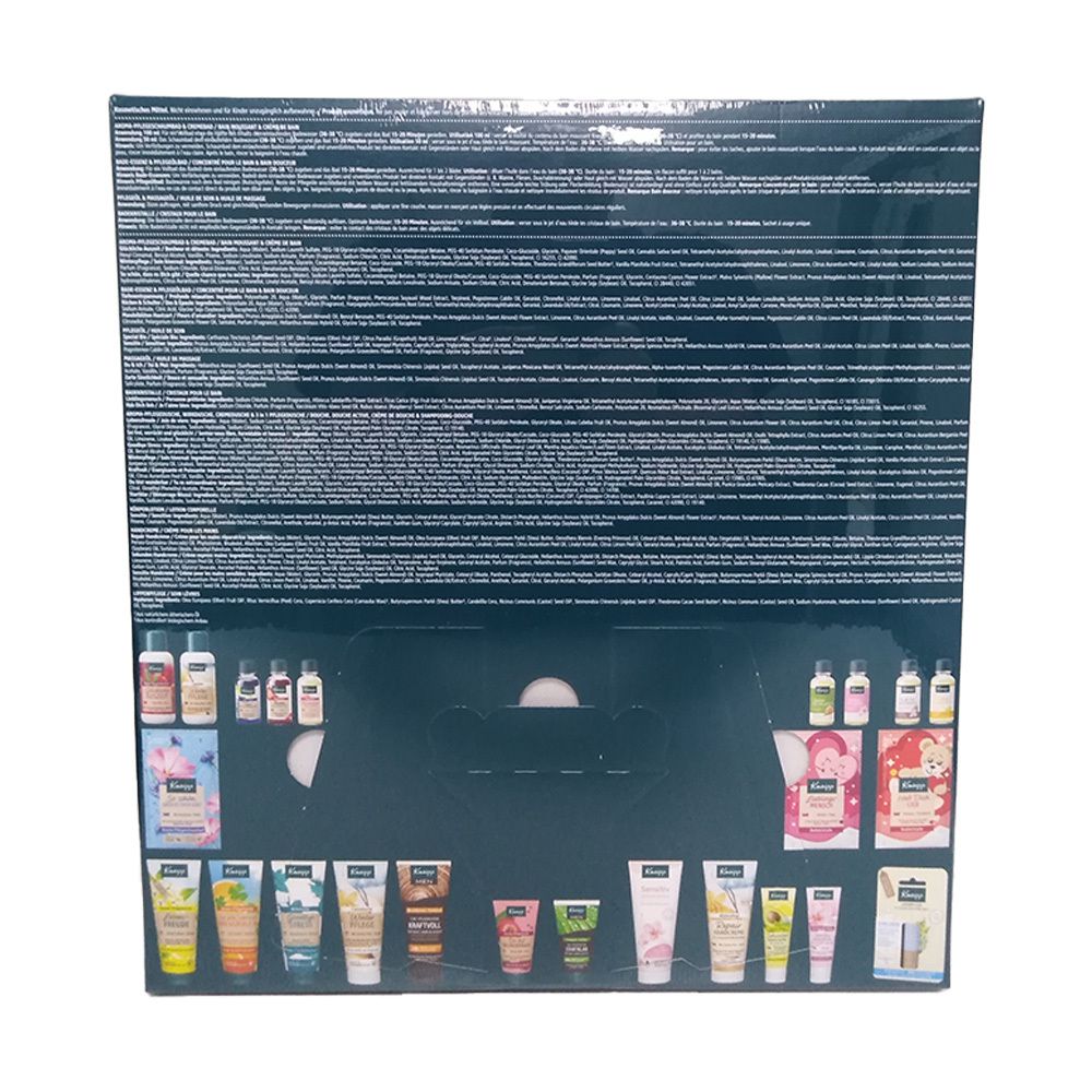 Rückseite des Adventskalenders. Text in mehreren Sprachen. Untere Reihe: Produktabbildungen in verschiedenen Größen.