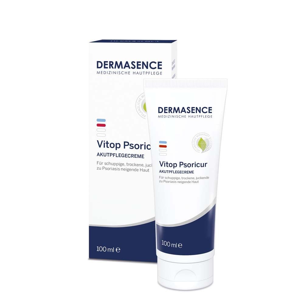 Dermasence Vitop Psoricur Akutpflegecreme und Verpackung. Tube und Schachtel mit Produktnamen und Logo. 100 ml.