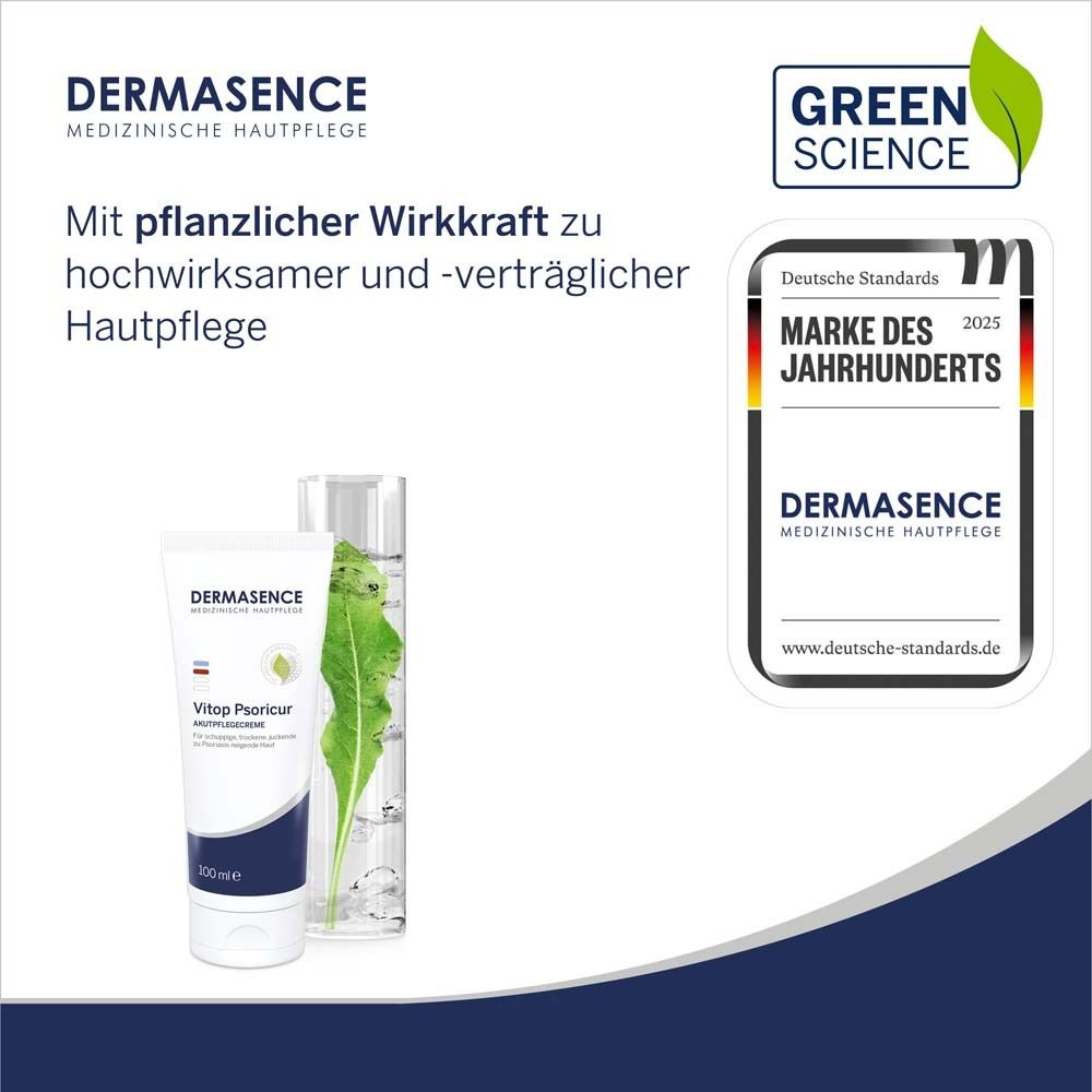 Dermasence Vitop Psoricur Akutpflegecreme, Green Science Logo, Auszeichnung. Produkt, Pflanze in Glas.