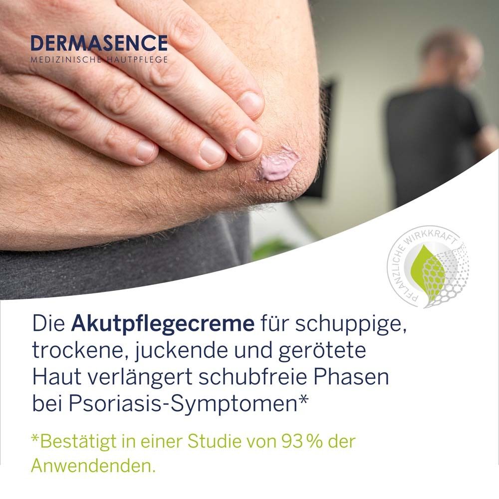 Ellbogen mit Creme. Text: Akutpflegecreme für schuppige, trockene, juckende und gerötete Haut. Bestätigt in Studie.