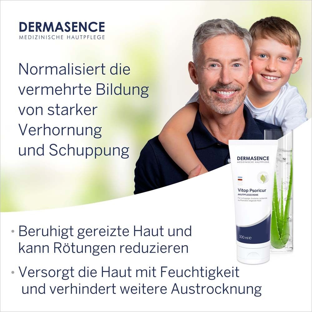 Mann und Kind mit Dermasence Vitop Psoricur Akutpflegecreme und Pflanzen in Glas. Text: Beruhigt gereizte Haut.