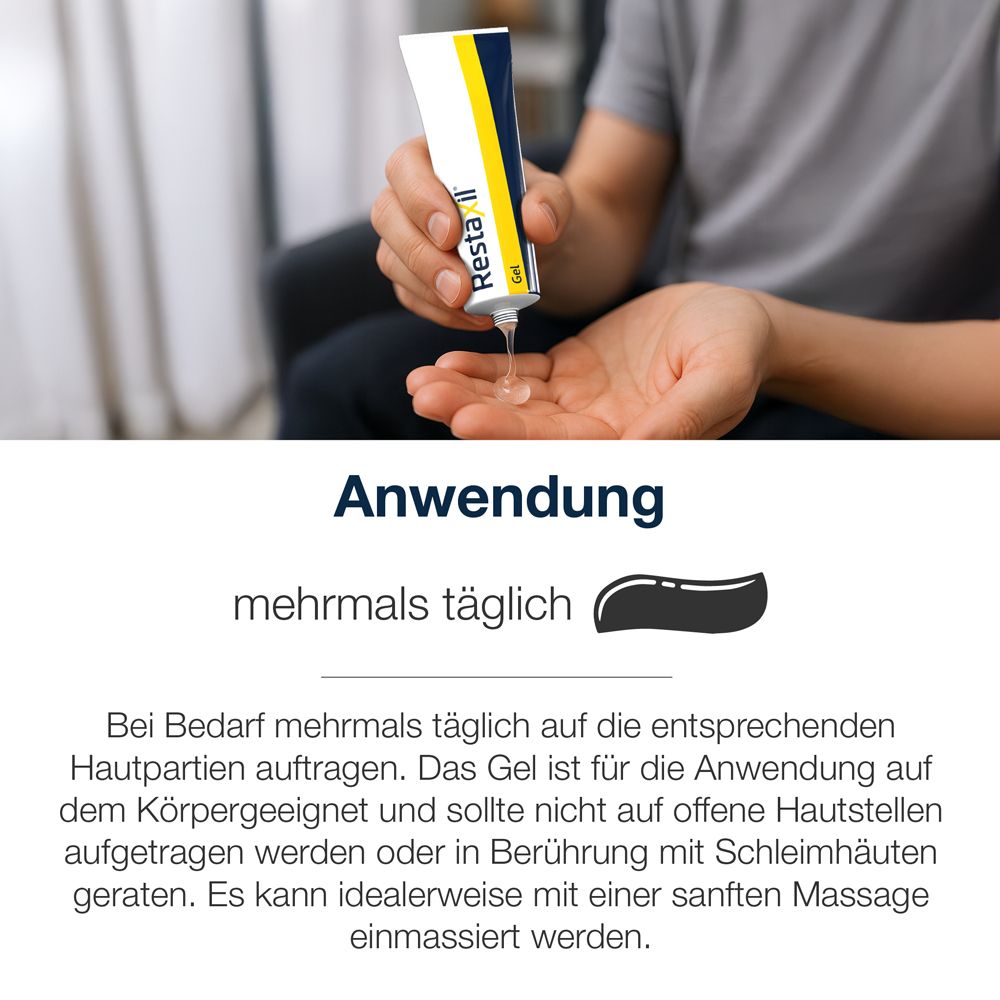 Anwendung von Restaxil Gel: Eine Hand gibt Gel aus der Tube in die andere Hand.