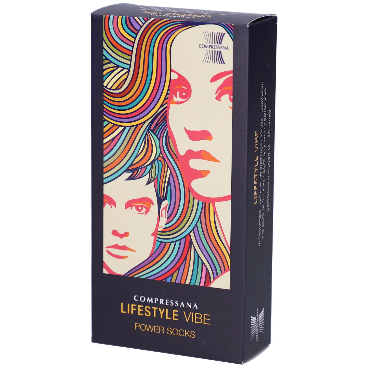 Schwarze Verpackung mit COMPRESSANA LIFESTYLE VIBE POWER SOCKS. Abbildung von Gesichtern mit bunten Haaren. Marke oben rechts.