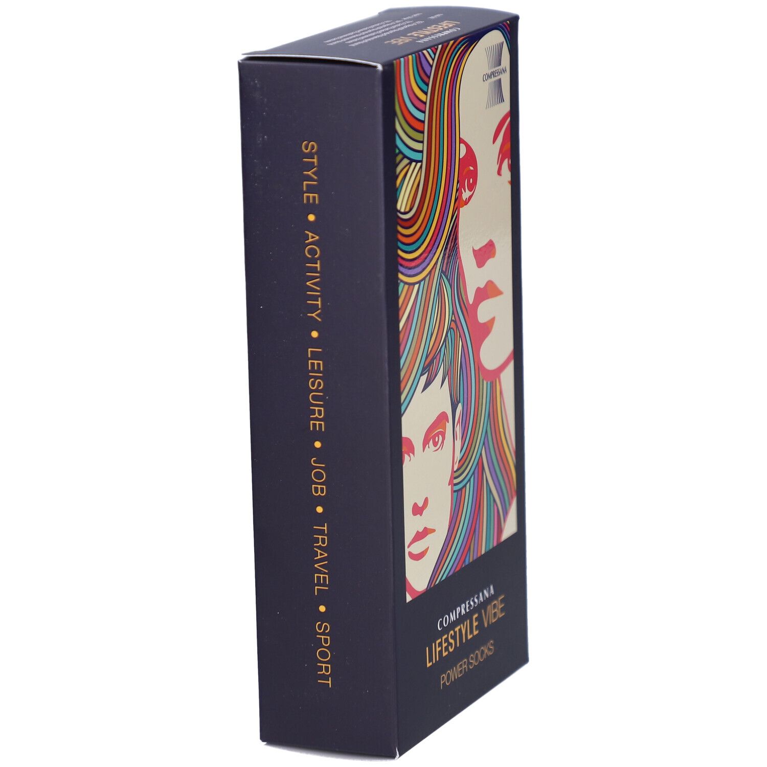 Schwarze Verpackung mit COMPRESSANA LIFESTYLE VIBE POWER SOCKS. Aufschrift: STYLE, ACTIVITY, LEISURE, JOB, TRAVEL, SPORT.