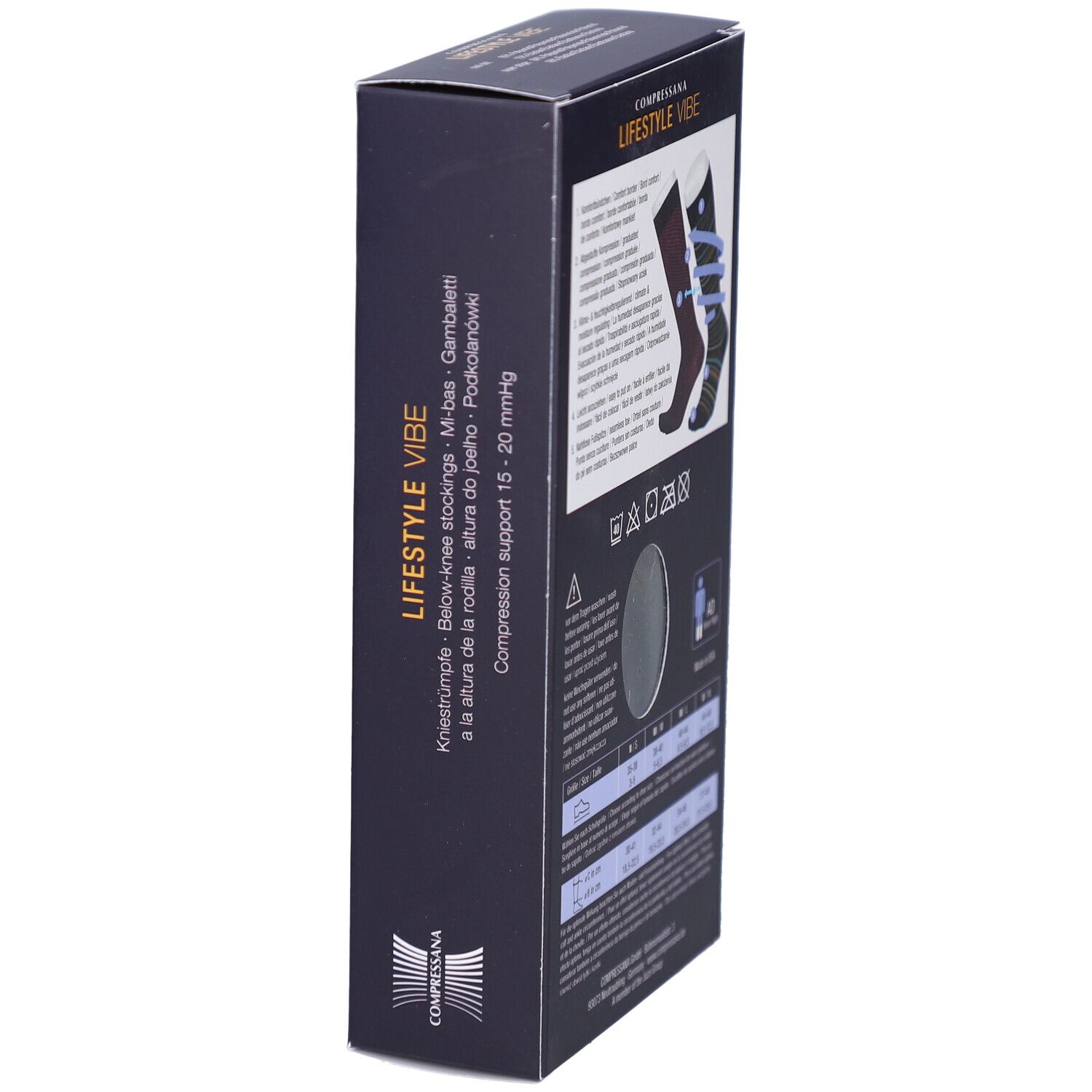 Schwarze Verpackung, COMPRESSANA LIFESTYLE VIBE. Produktabbildung: Kniestrümpfe. Text: Kniestrümpfe, Kompression 15-20 mmHg.