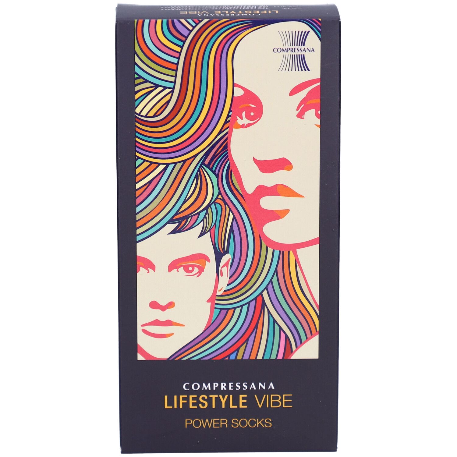 Schwarze Verpackung mit COMPRESSANA LIFESTYLE VIBE POWER SOCKS. Abbildung von Gesichtern mit bunten Haaren. Marke oben rechts.