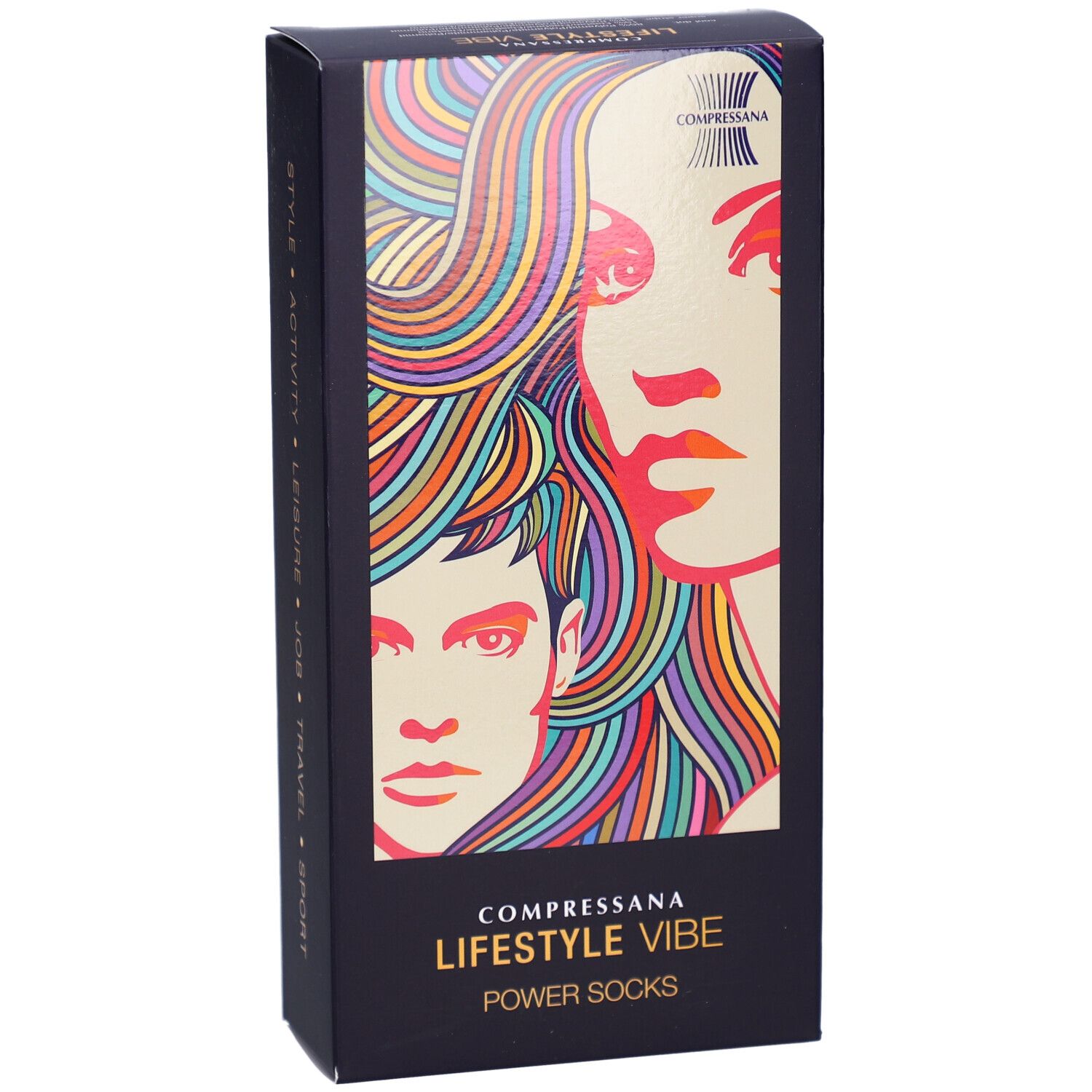 Schwarze Verpackung mit COMPRESSANA LIFESTYLE VIBE POWER SOCKS. Abbildung von Gesichtern mit bunten Haaren. Marke oben rechts.