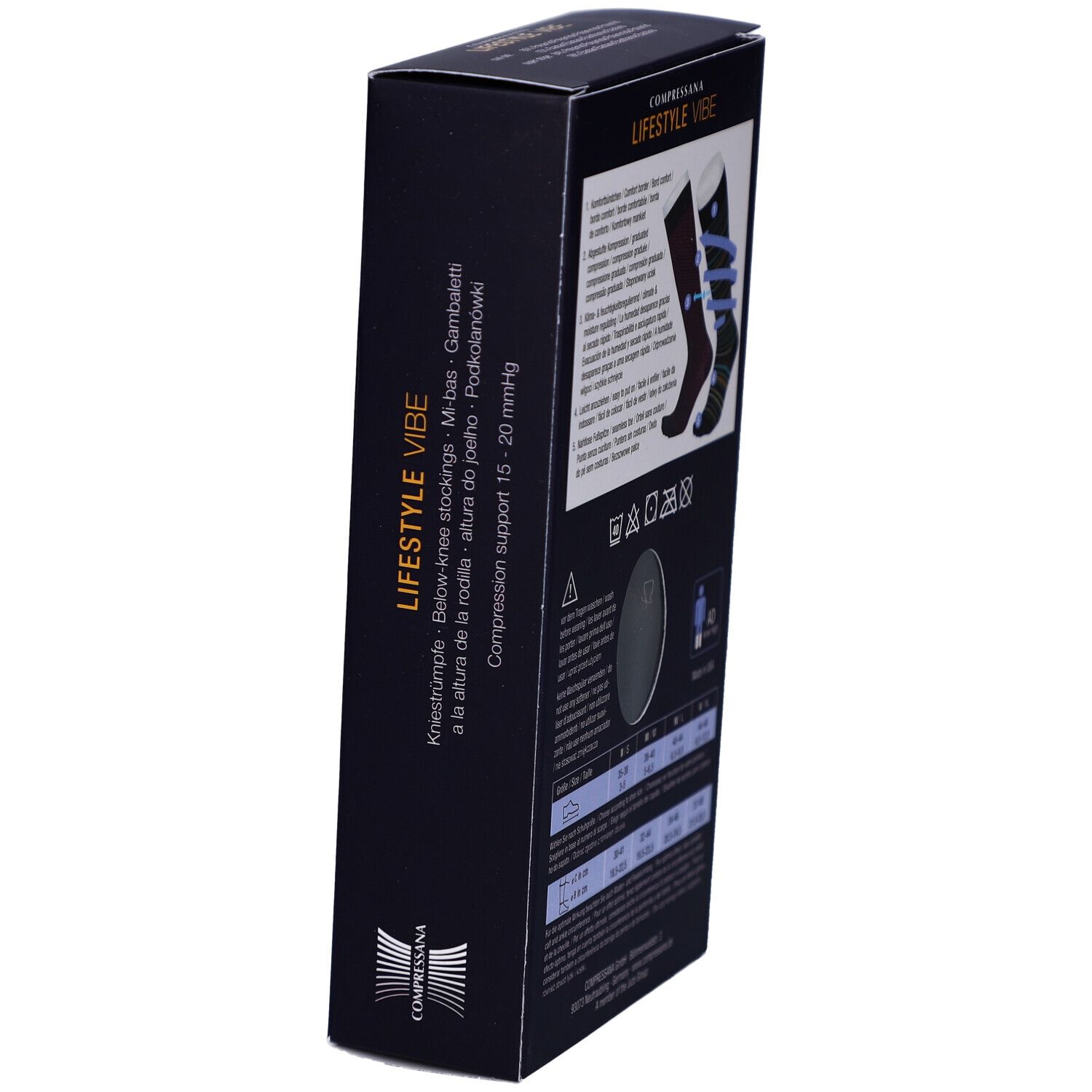 Schwarze Verpackung, Seitenansicht. Text: COMPRESSANA LIFESTYLE VIBE. Illustration von Kniestrümpfen. Größenangaben.