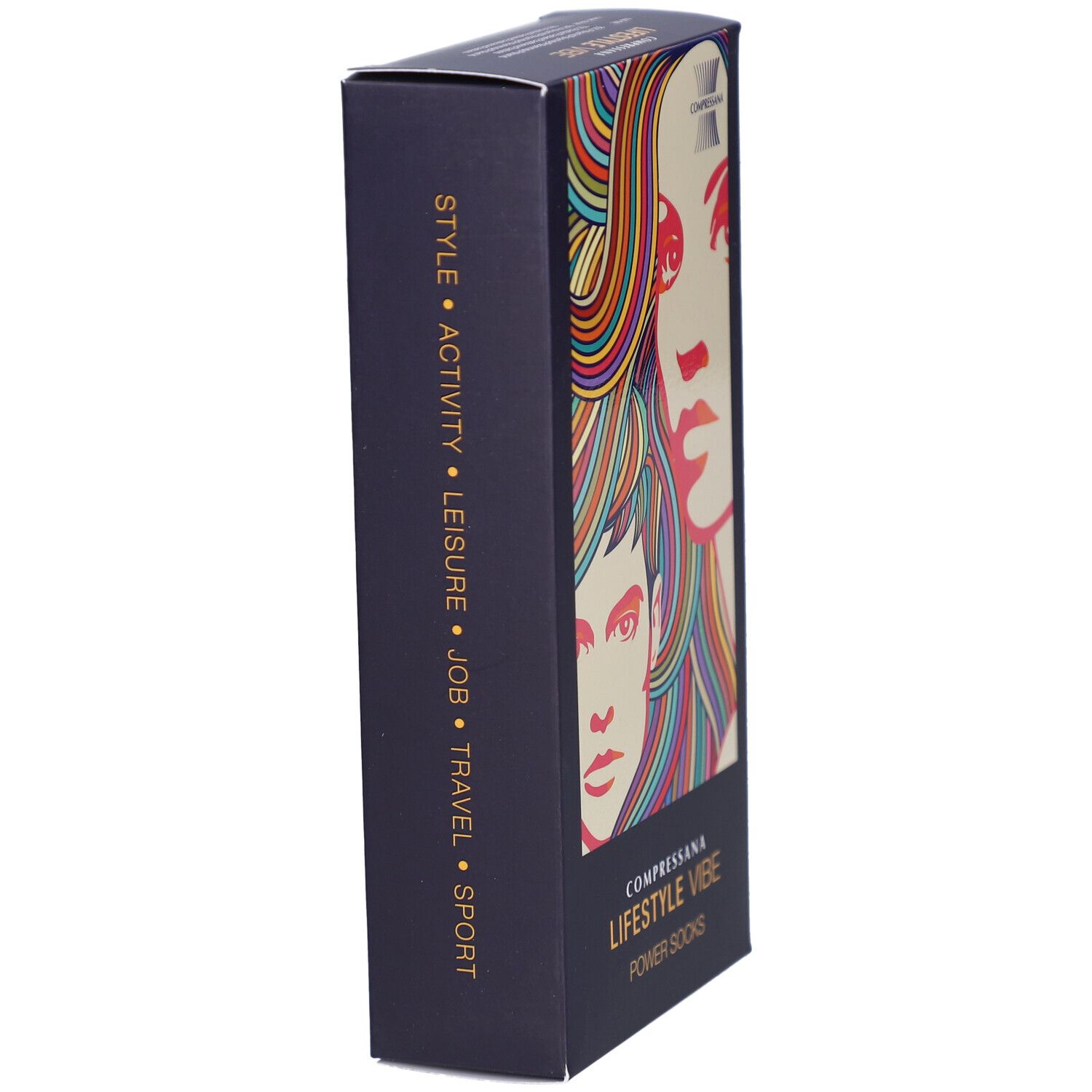 Schwarze Produktverpackung, Seitenansicht. Schriftzug: COMPRESSANA LIFESTYLE VIBE POWER SOCKS. Stichworte: STYLE, ACTIVITY, LEISURE, JOB, TRAVEL, SPORT.