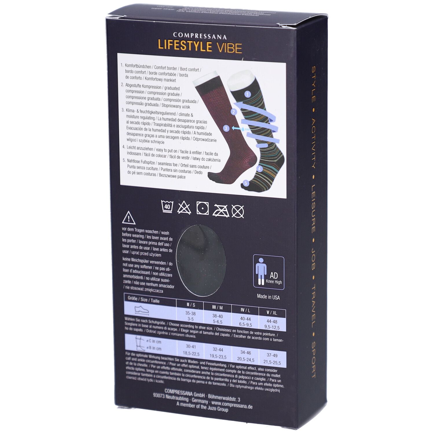 Rückseite der schwarzen Produktverpackung. Produktabbildung: Kniestrümpfe. Text: COMPRESSANA LIFESTYLE VIBE. Größenangaben und Waschsymbole.