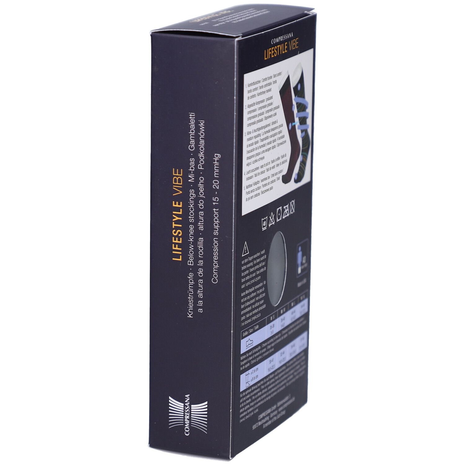 Schwarze Produktverpackung, Seitenansicht. Text: COMPRESSANA LIFESTYLE VIBE. Produktabbildung: Kniestrümpfe. Größenangaben und Waschsymbole.