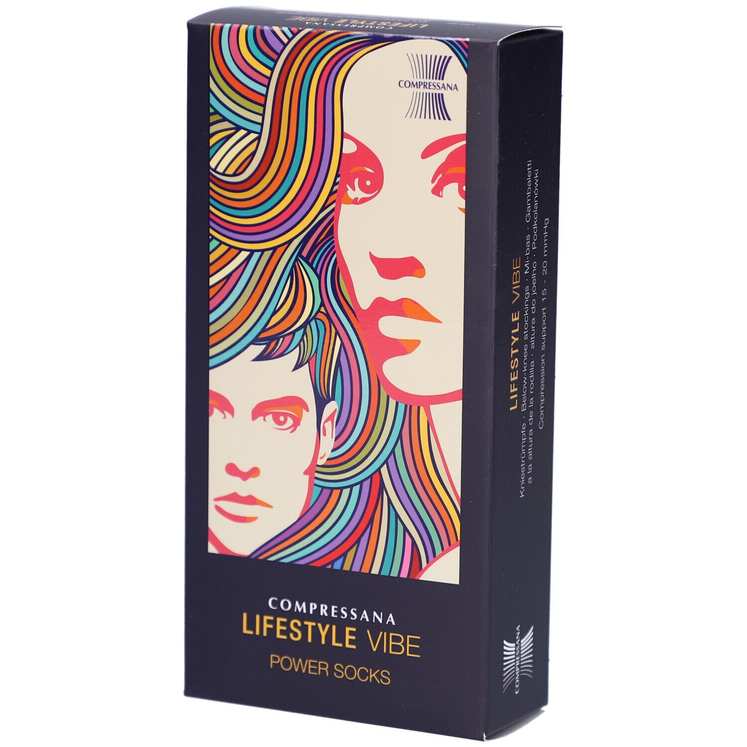 Schwarze Box mit COMPRESSANA LIFESTYLE VIBE POWER SOCKS. Abbildung von Gesichtern mit bunten Haaren. Marke oben.