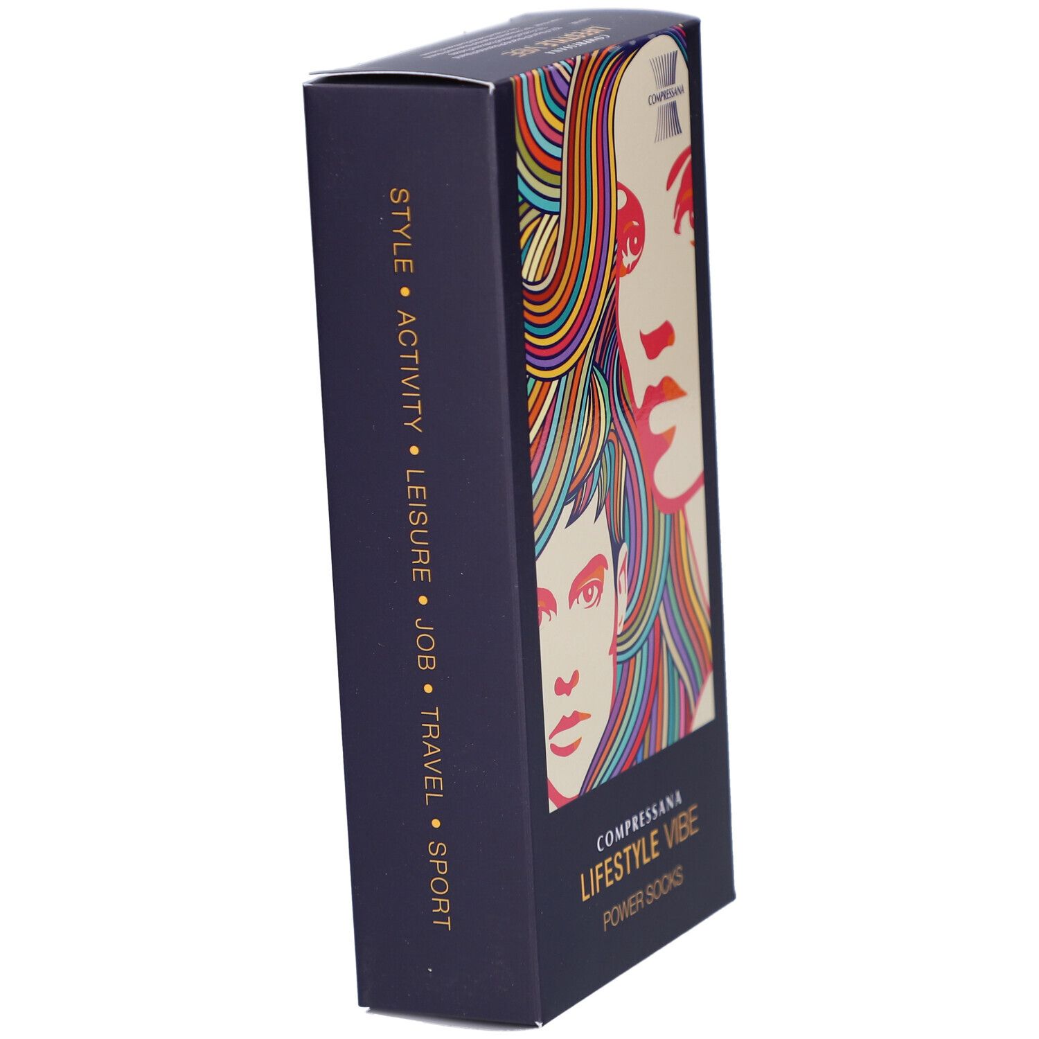 Schwarze Box, COMPRESSANA LIFESTYLE VIBE POWER SOCKS. Seitenansicht mit Text: STYLE, ACTIVITY, LEISURE, JOB, TRAVEL, SPORT.
