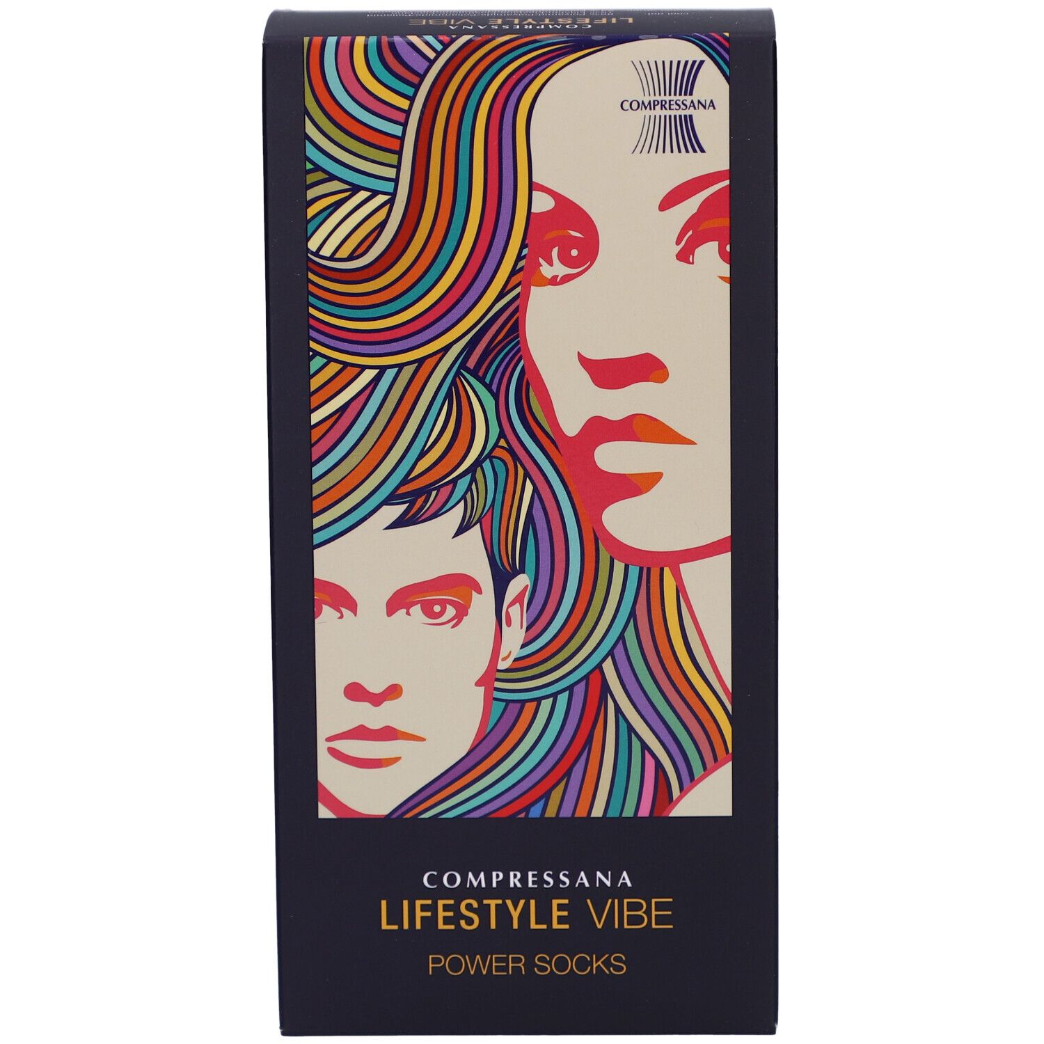 Schwarze Box, COMPRESSANA LIFESTYLE VIBE POWER SOCKS. Abbildung von Gesichtern mit bunten Haaren. Marke oben.