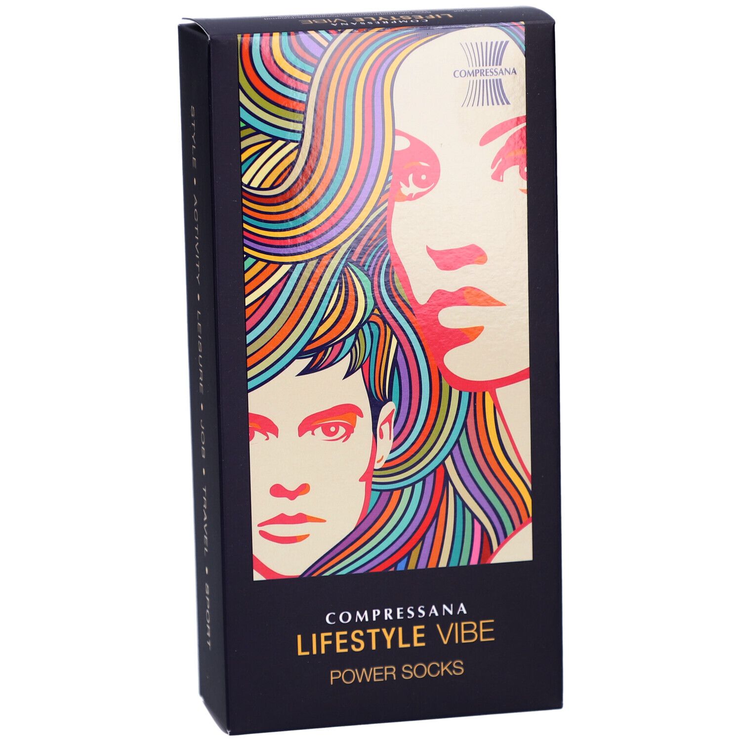 Schwarze Box, COMPRESSANA LIFESTYLE VIBE POWER SOCKS. Abbildung von Gesichtern mit bunten Haaren. Marke oben.