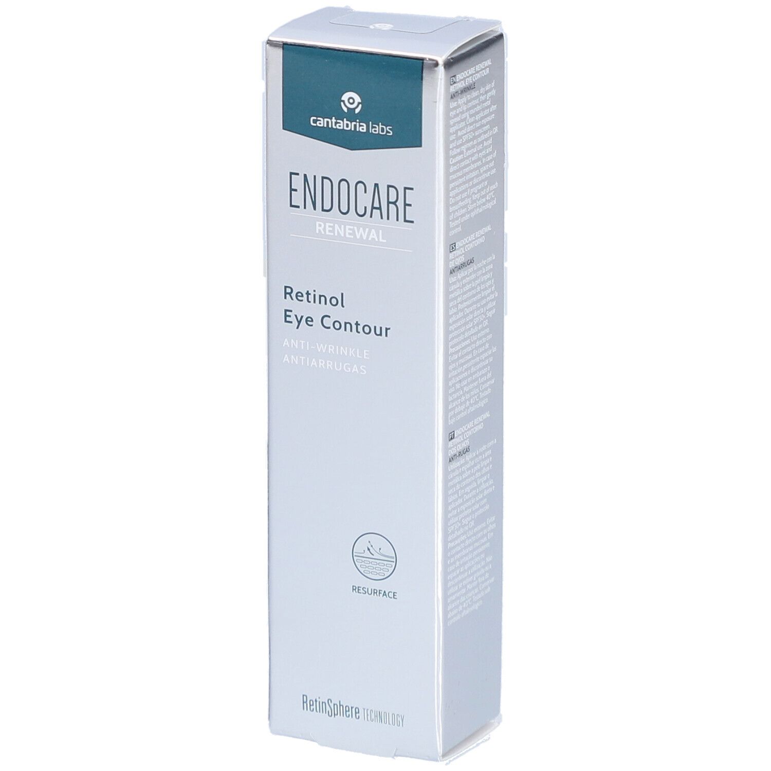 Endocare Renewal Retinol Augenpflege-Verpackung. Weiß-silberne Schachtel mit Produktnamen und Logo. Enthält Informationen zum Produkt.