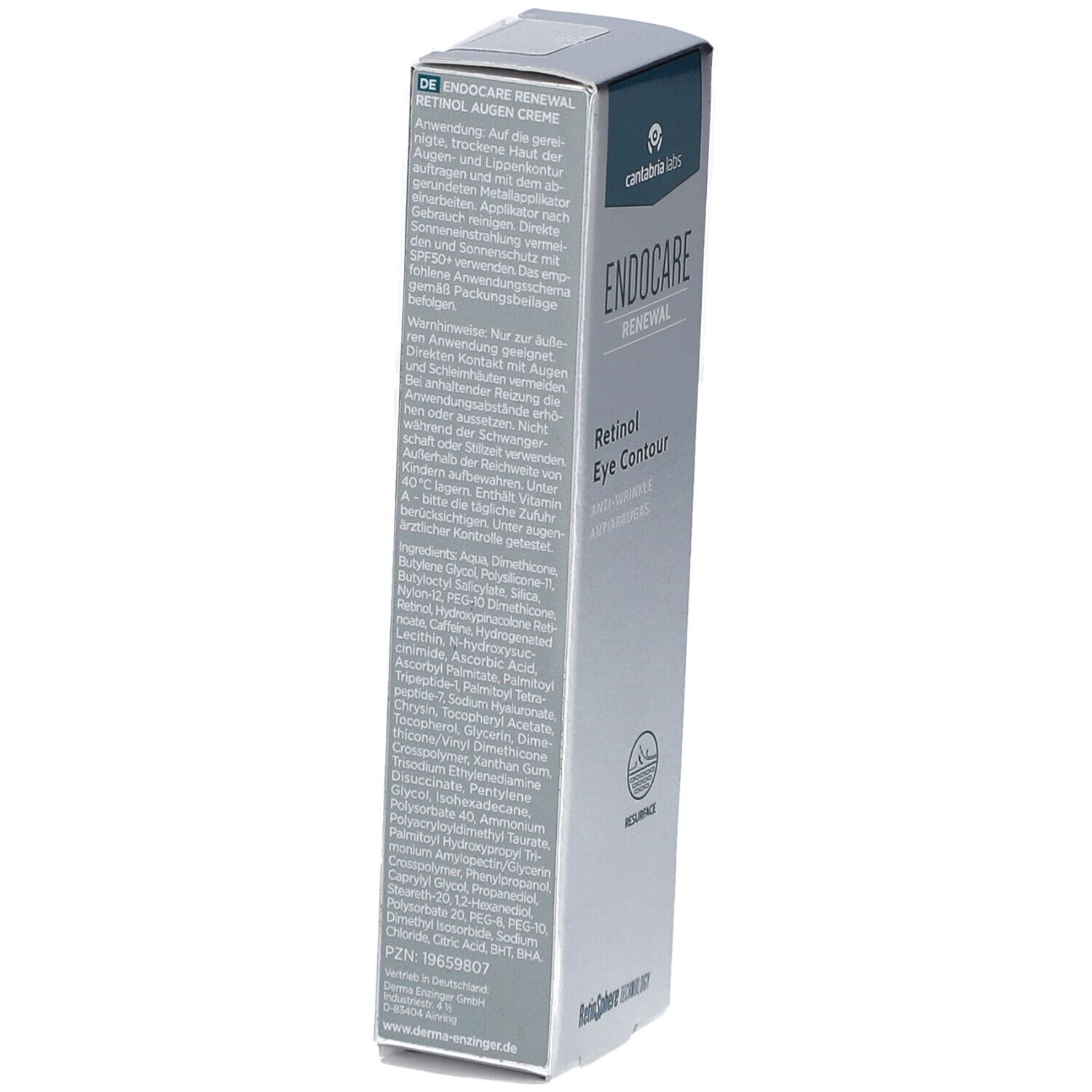 Endocare Renewal Retinol Augenpflege-Verpackung. Rückseite der Schachtel mit Produktinformationen und Inhaltsstoffen in Deutsch.