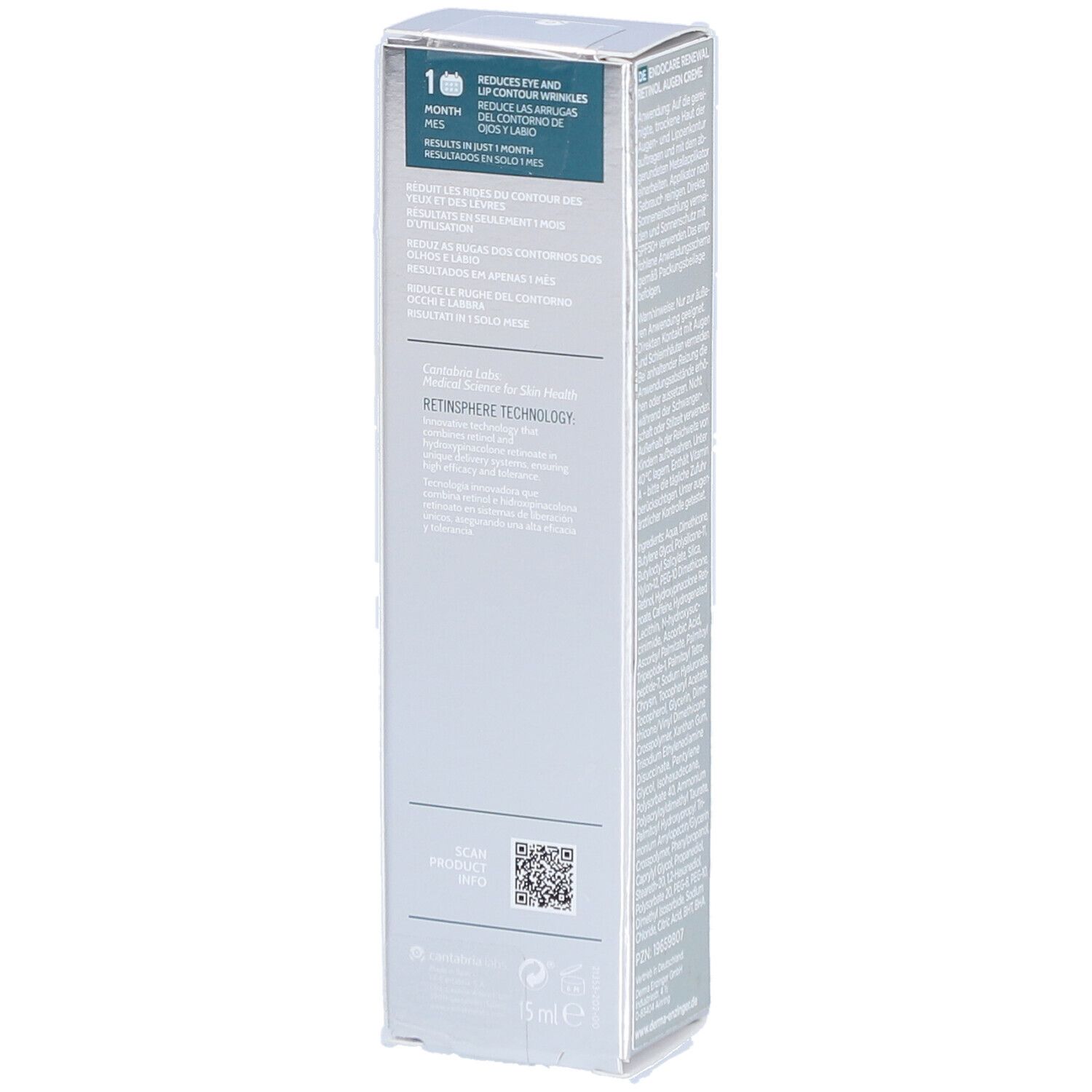 Endocare Renewal Retinol Augenpflege-Verpackung. Seite der Schachtel mit Produktvorteilen und QR-Code. Text in Englisch.