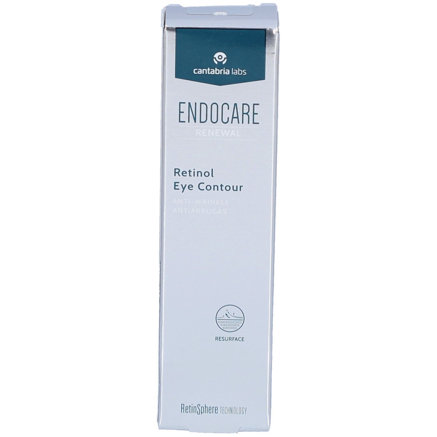 Endocare Renewal Retinol Augenpflege-Verpackung. Vorderseite der Schachtel mit Produktnamen und Logo. Weiß-silbernes Design.