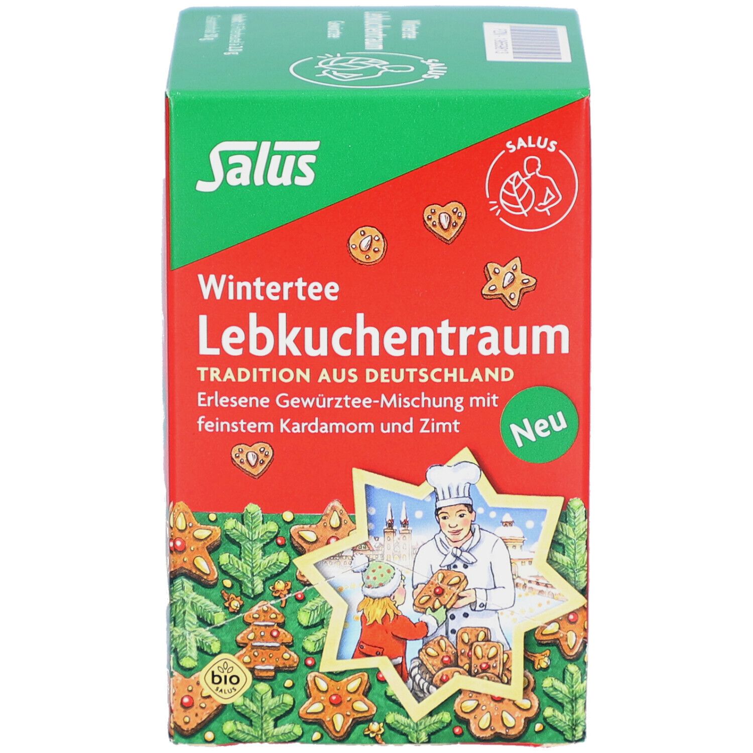 Verpackung von Salus Wintertee Lebkuchentraum. Grün-rote Schachtel mit Produktnamen, Logo und Illustrationen von Lebkuchen und einer Bäckerszene.