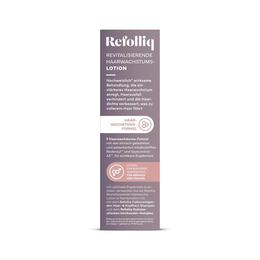 Refolliq-Verpackung. Violett-weiße Box mit Produktnamen und Text.