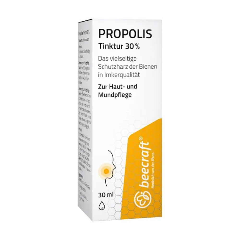 Beecraft® Propolis Tinktur 30%. Weiße Verpackung mit Produktinformationen und Logo. 30 ml Flasche.