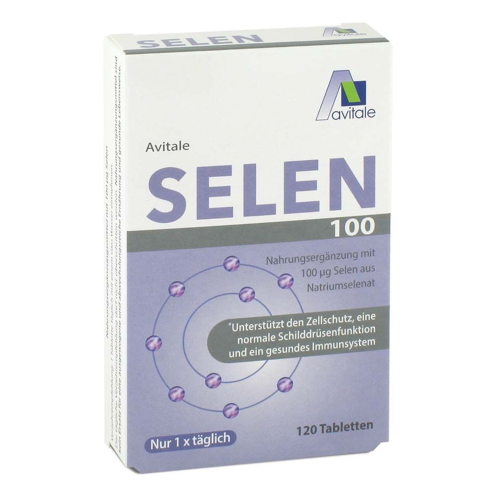 Schachtel mit SELEN 100 µg Tabletten. Marke Avitale. 120 Tabletten. Text: Nahrungsergänzung, 100 µg Selen, Zellschutz, Immunsystem.