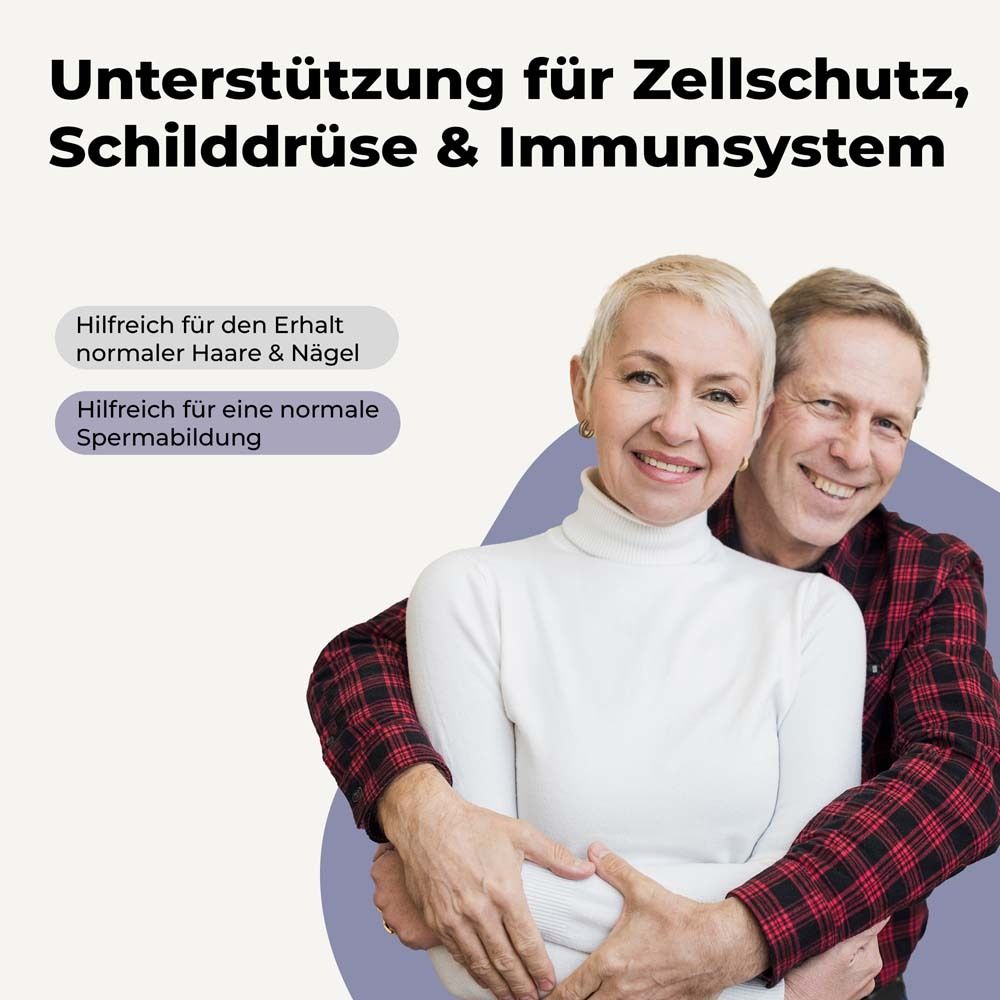 Ein älteres Paar lächelt. Text: Unterstützung für Zellschutz, Schilddrüse & Immunsystem. Hilfreich für Haare & Nägel, Spermienbildung.
