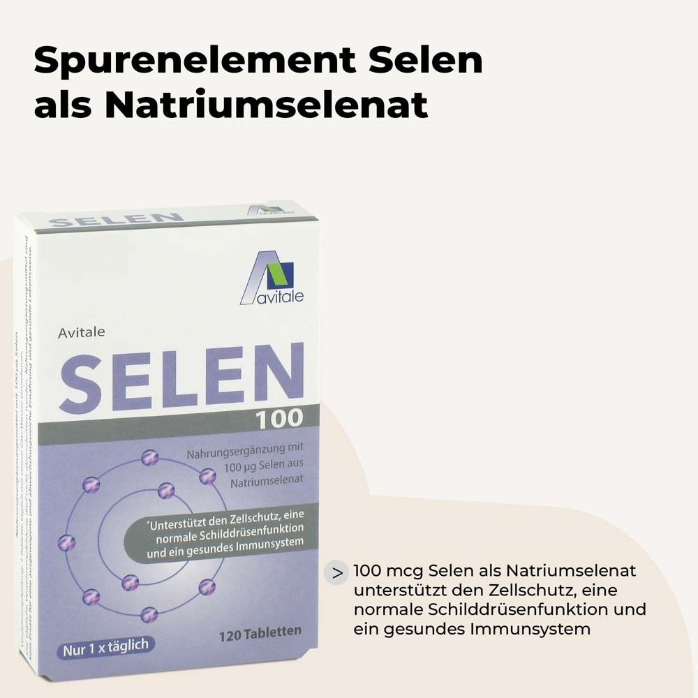 Produktverpackung von SELEN 100 µg Tabletten. Text: Spurenelement Selen als Natriumselenat. 100 mcg Selen, Zellschutz, Immunsystem.