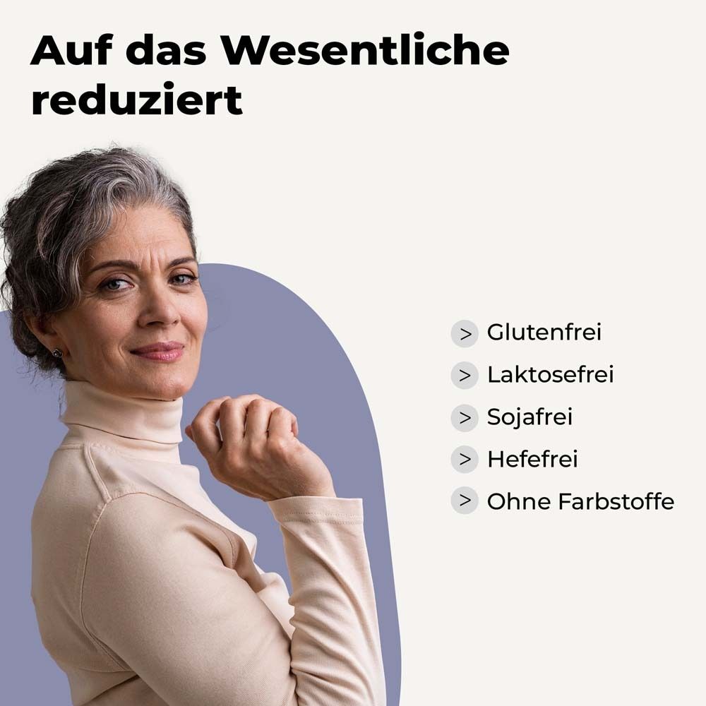 Frau lächelt. Text: Glutenfrei, laktosefrei, sojafrei, hefefrei, ohne Farbstoffe.