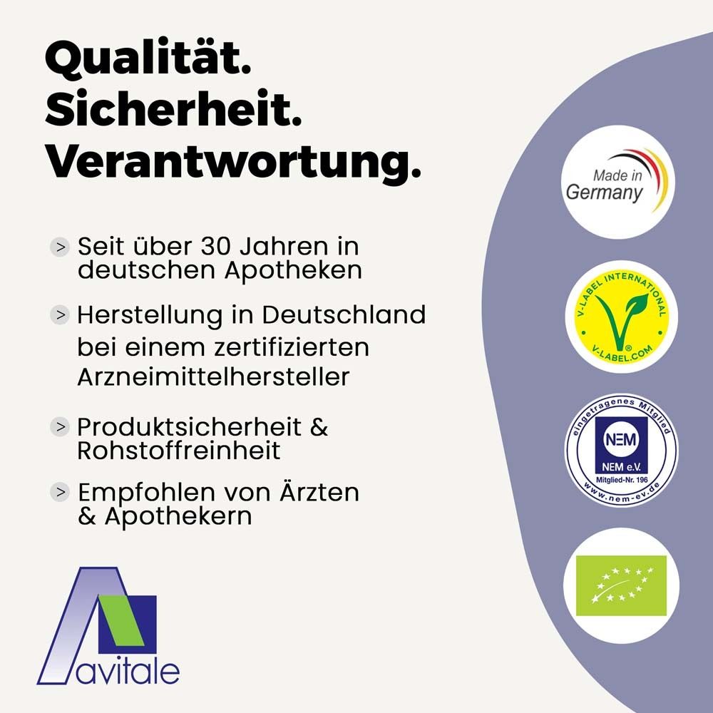 Qualitäts- und Sicherheitszertifikate. Text: Made in Germany, V-Label, NEM, Bio-Siegel. Empfohlen von Ärzten & Apothekern.