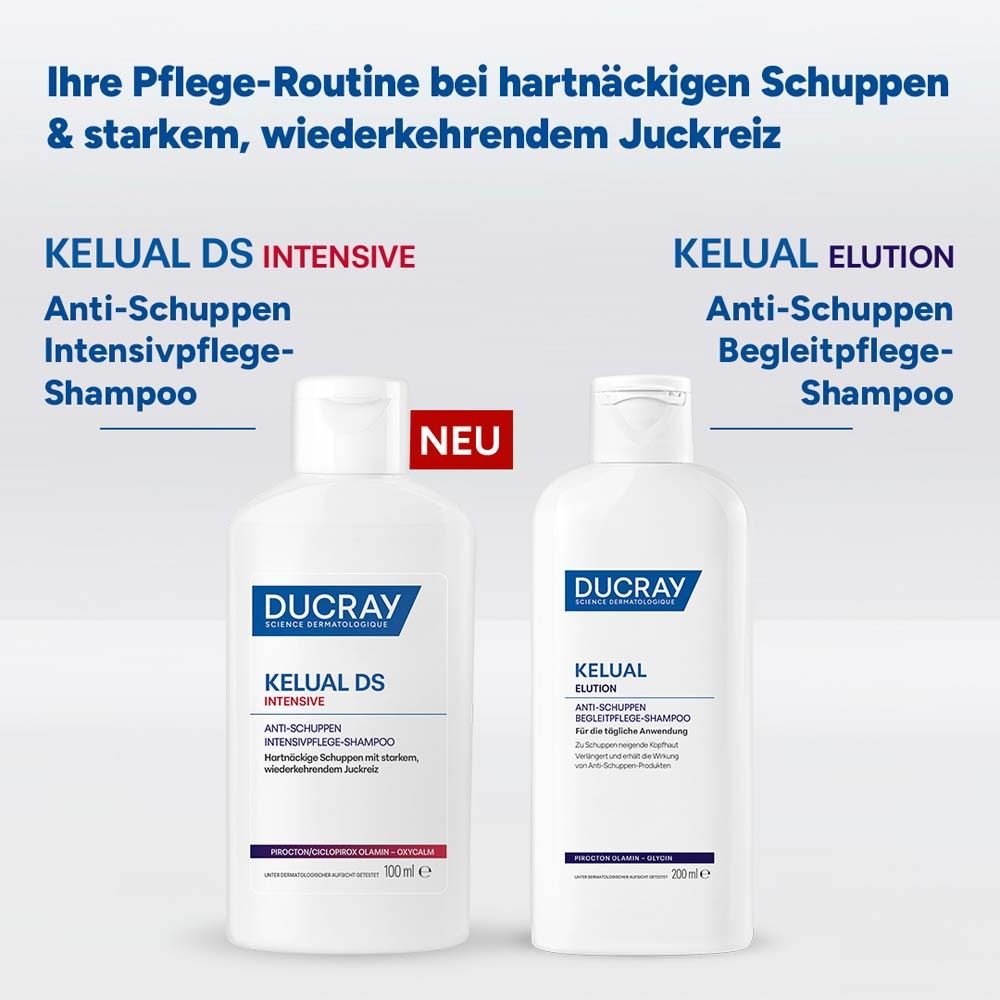 Zwei Shampoo-Flaschen. KELUAL DS INTENSIVE und KELUAL ELUTION. Text: Anti-Schuppen Shampoo.