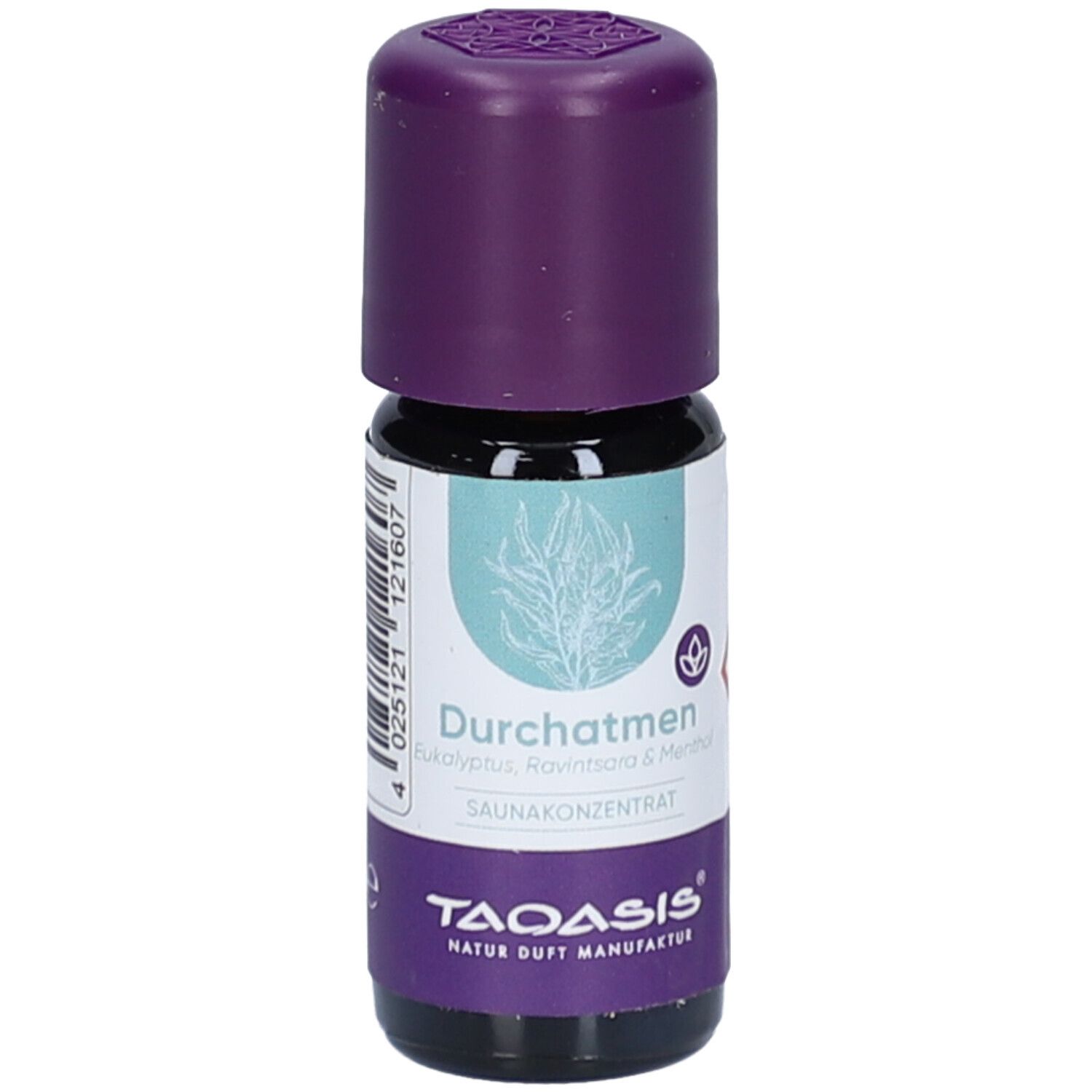 Kleine, braune Glasflasche mit lila Deckel. Aufschrift: Durchatmen, Sauna Konzentrat. Marke: TAOASIS.