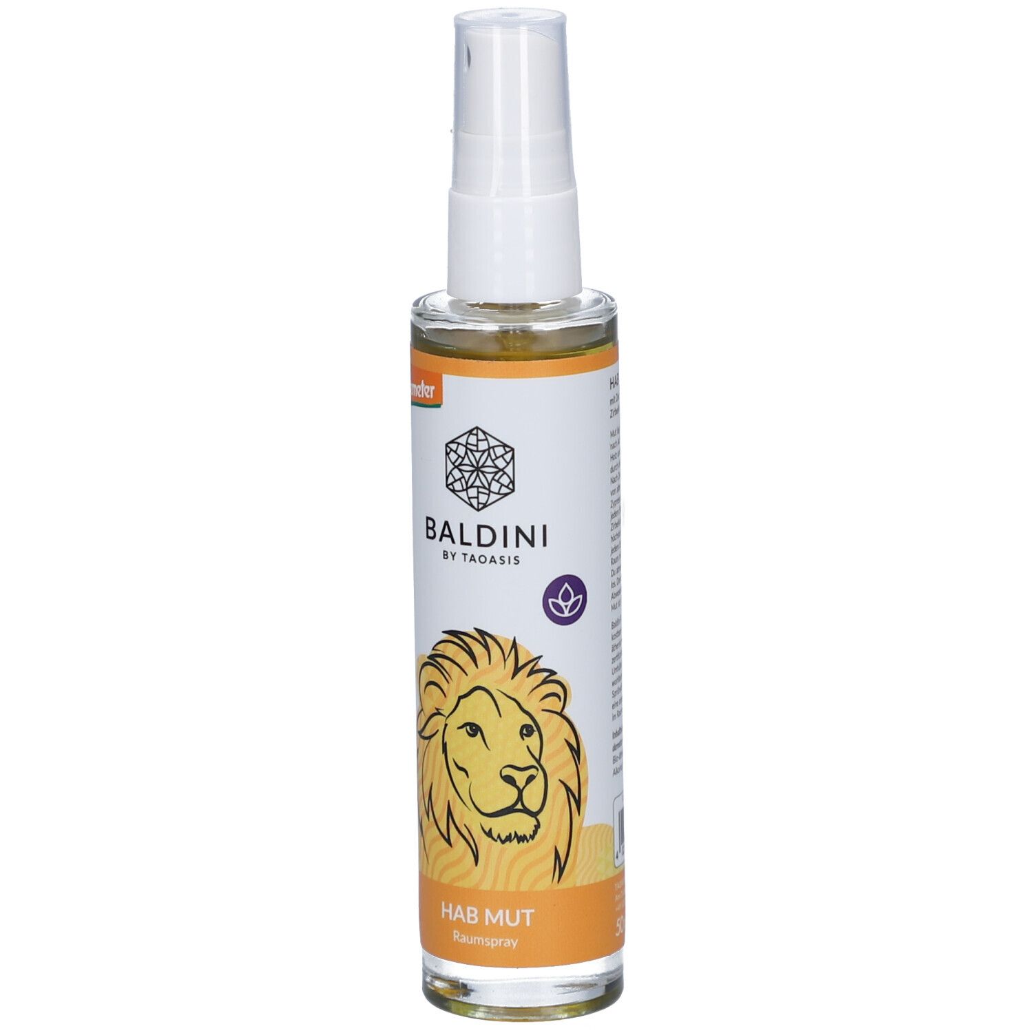 Sprühflasche mit weißem Sprühkopf. Auf dem Etikett: BALDINI, Löwen-Illustration, HAB MUT. Orangefarbener Streifen.