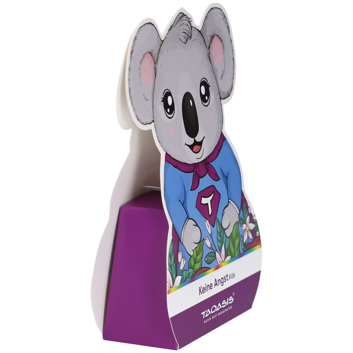 Koala-förmige Verpackung, seitliche Ansicht. Aufdruck: Koala-Illustration, Text: Keine Angst Kids. Logo: TAOASIS.