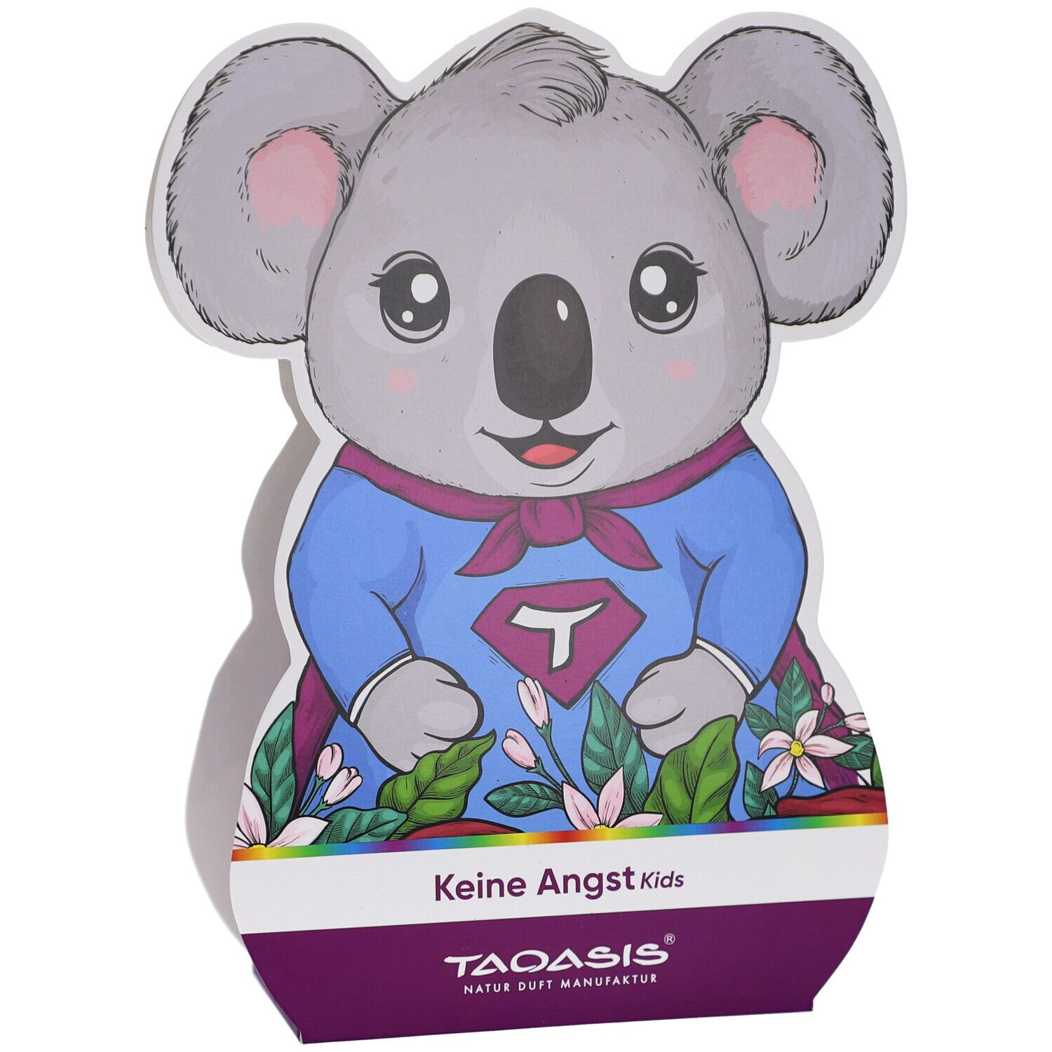 Koala-förmige Verpackung. Aufdruck: Koala-Illustration mit Superhelden-Outfit. Text: Keine Angst Kids. Logo: TAOASIS.