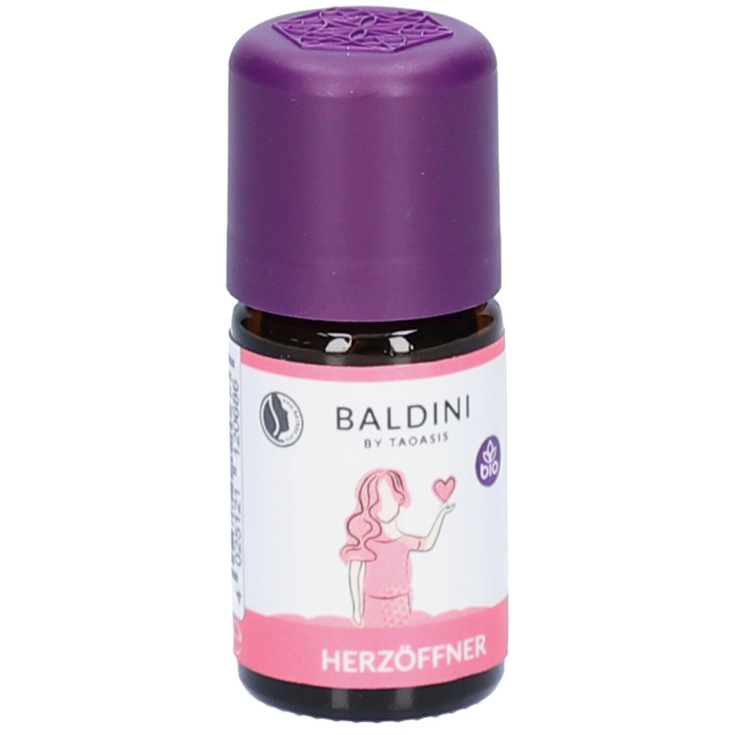 Braune Glasflasche mit lila Verschluss. Aufkleber mit Logo, Illustration und Schriftzug Herzöffner. Bio-Siegel.