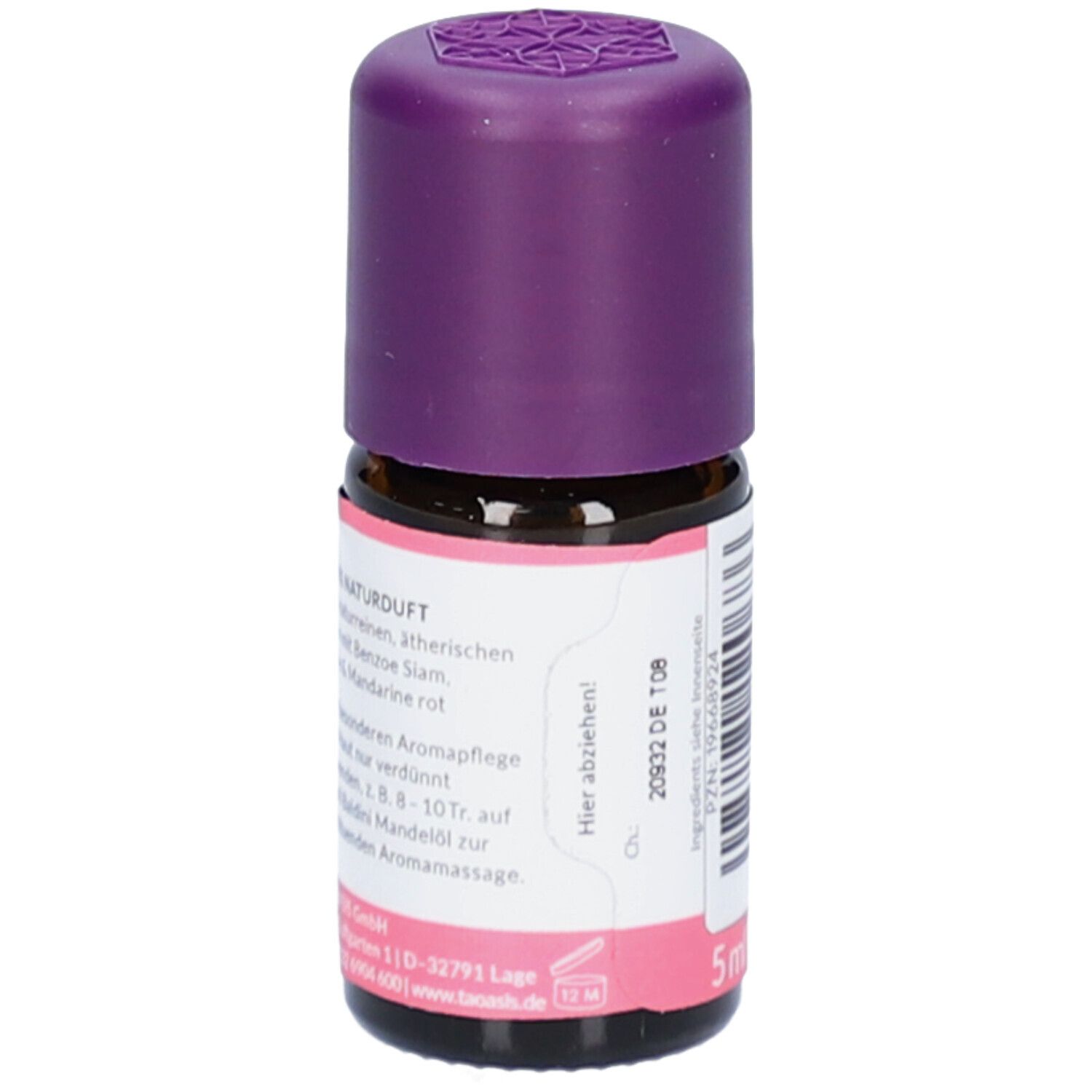 Braune Glasflasche mit lila Verschluss. Etikett mit Text Naturduft und Inhaltsstoffen. Schriftzug 5 ml.