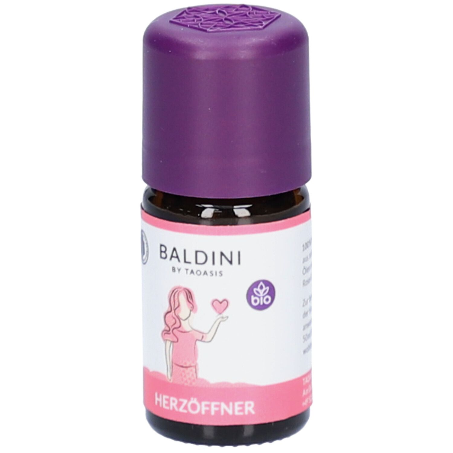 Braune Glasflasche mit lila Verschluss. Aufkleber mit Logo, Illustration und Schriftzug Herzöffner. Bio-Siegel.