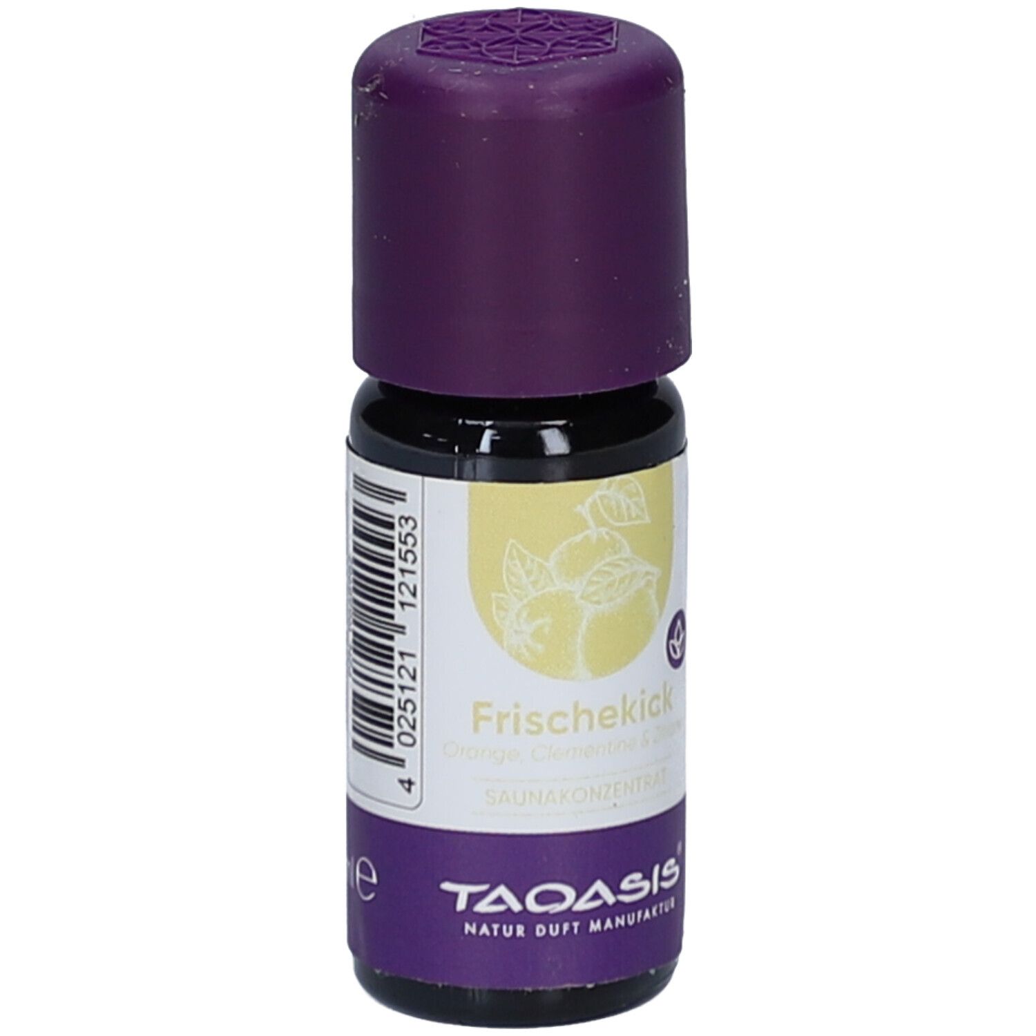 Kleine Glasflasche mit lila Verschluss. Auf dem Etikett steht "Frischekick" und "SAUNAKONZENTRAT".