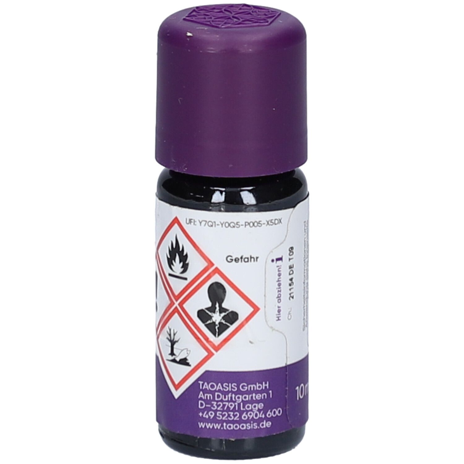 Kleine Flasche mit lila Deckel. Rückseite mit Gefahrensymbolen. Marke TAOASIS. Text: Gefahr.