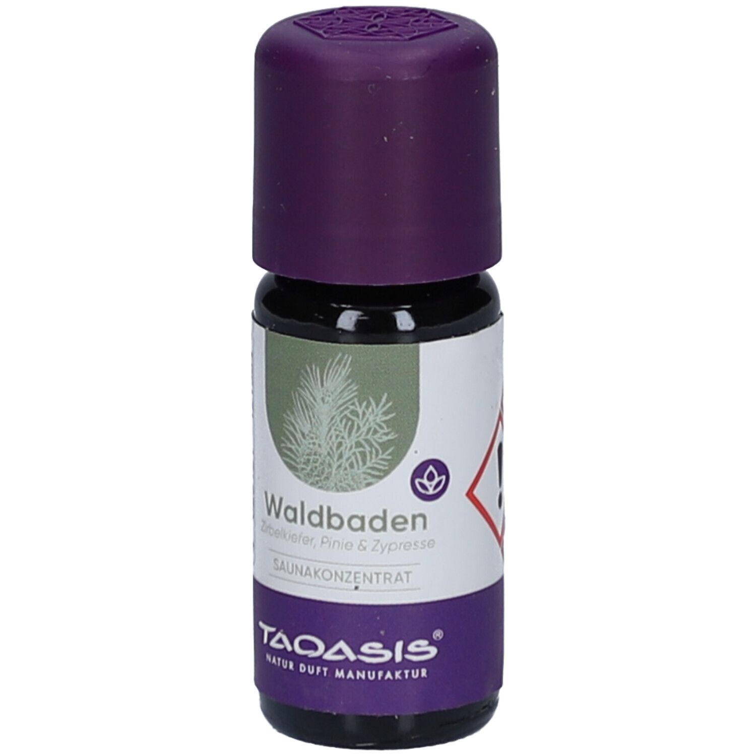 Kleine Flasche mit lila Deckel. Aufschrift: SAUNA KONZENTRAT Waldbaden. Marke TAOASIS. Gefahrensymbol.